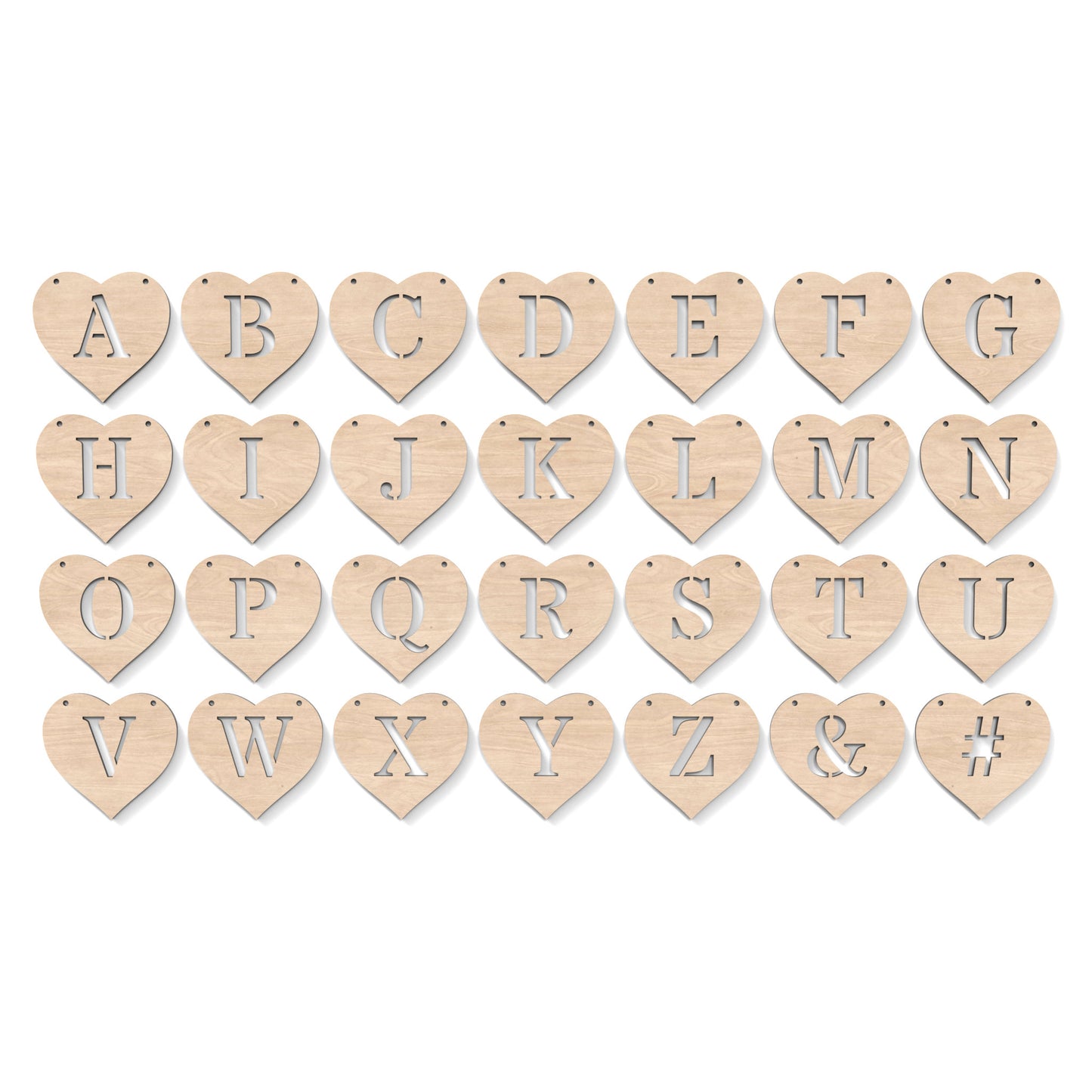 The full alphabet A-Z of Heart Garland Bunting made from our laser cutting files, available as a digital download. Each heart features a separate letter cut out of its centre.