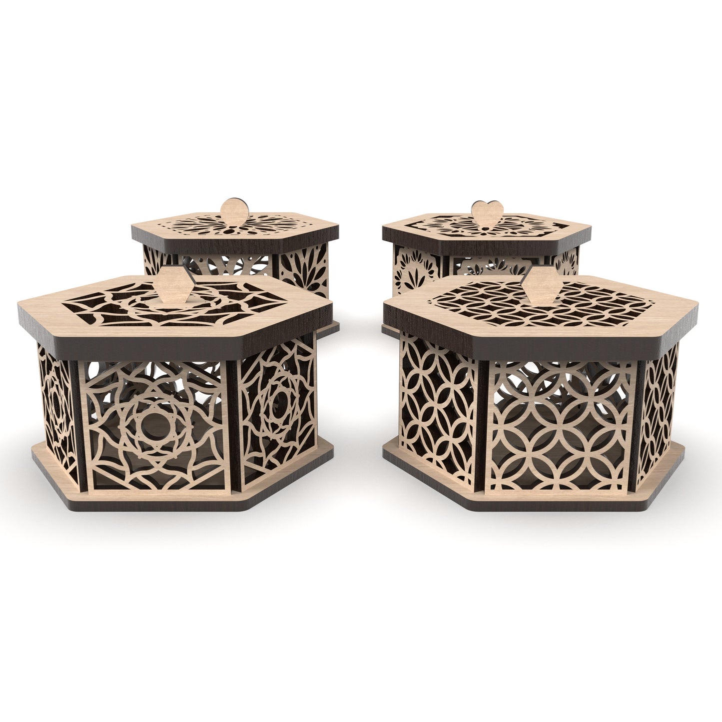 Set of 4 decorative hexagonal jewellery boxes made from our laser cutting files and available for digital download. Ideal for storing jewelry, trinkets, or small items. Each box measures 12cm x 10cm and is 6cm deep.