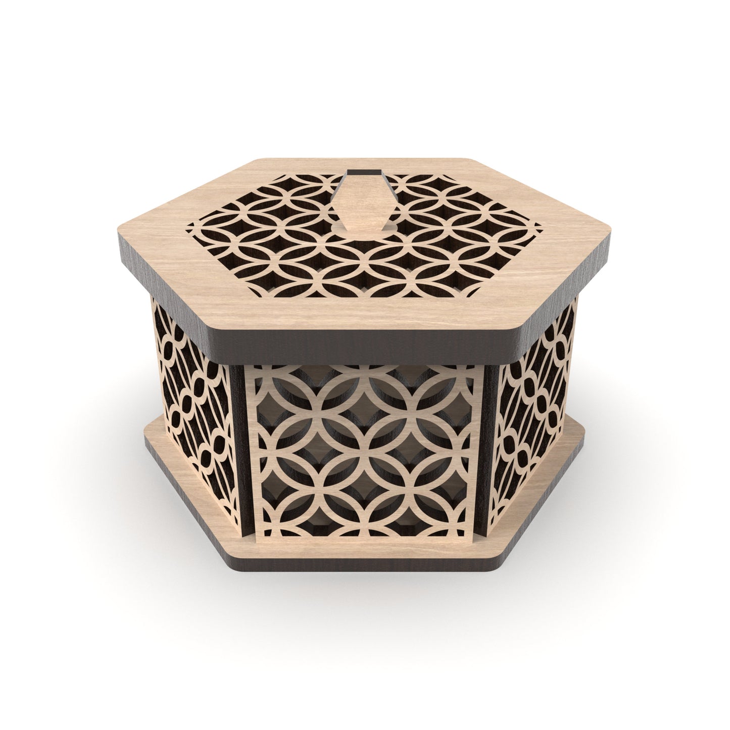 A decorative hexagonal jewellery box made from our laser cutting files and available for digital download. Ideal for storing jewelry, trinkets, or small items. Each box measures 12cm x 10cm and is 6cm deep.