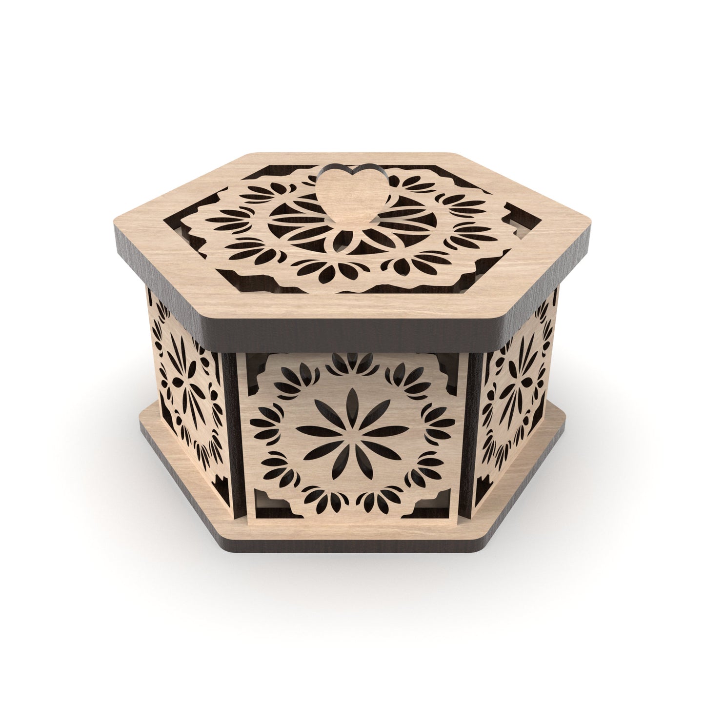 A decorative hexagonal jewellery box made from our laser cutting files and available for digital download. Ideal for storing jewelry, trinkets, or small items. Each box measures 12cm x 10cm and is 6cm deep.