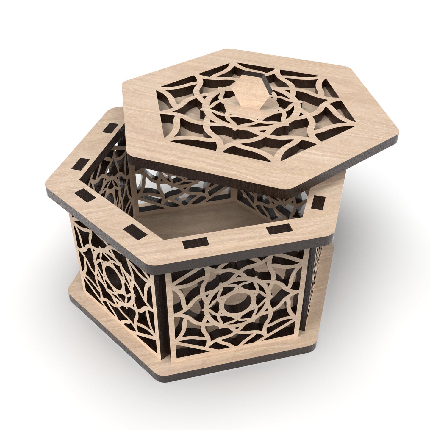 A decorative hexagonal jewellery box with open top made from our laser cutting files and available for digital download. Ideal for storing jewelry, trinkets, or small items. Each box measures 12cm x 10cm and is 6cm deep.