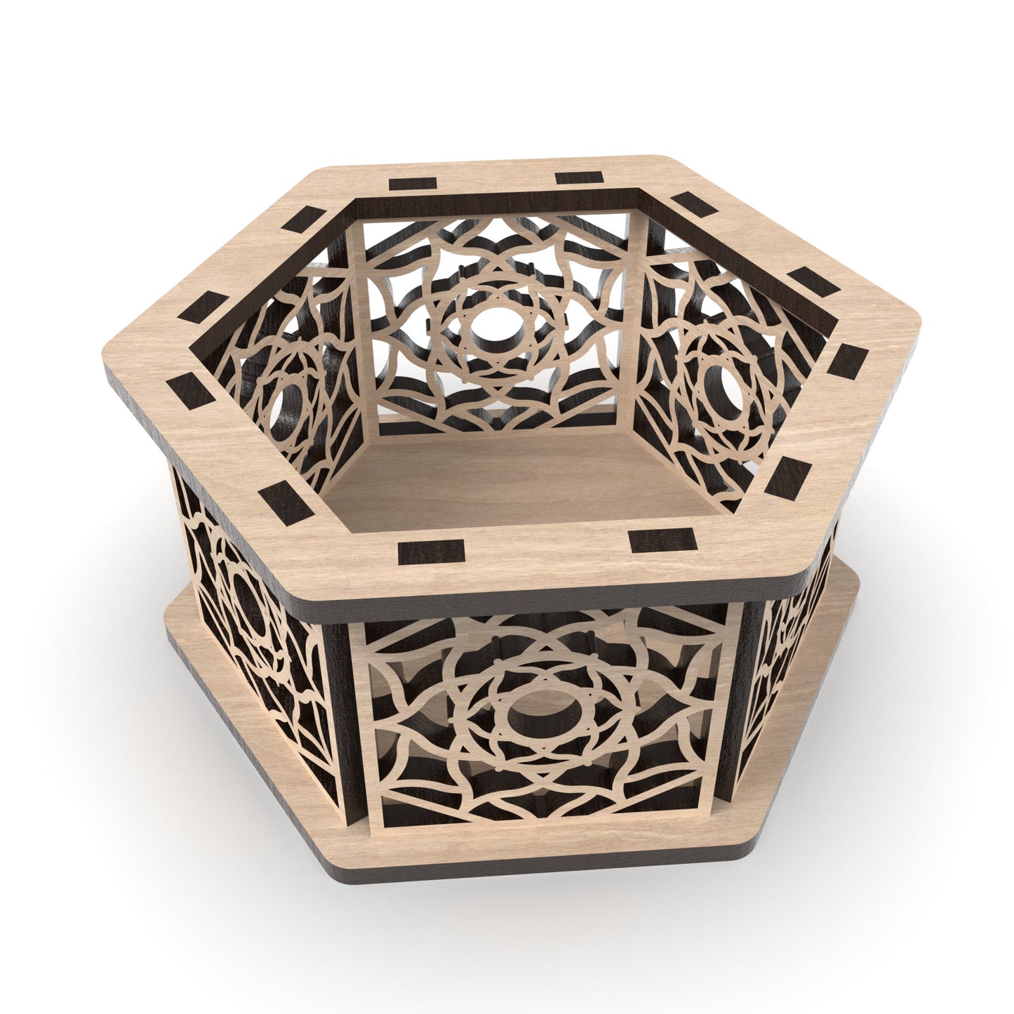 A decorative hexagonal jewellery box with no top on made from our laser cutting files and available for digital download. Ideal for storing jewelry, trinkets, or small items. Each box measures 12cm x 10cm and is 6cm deep.