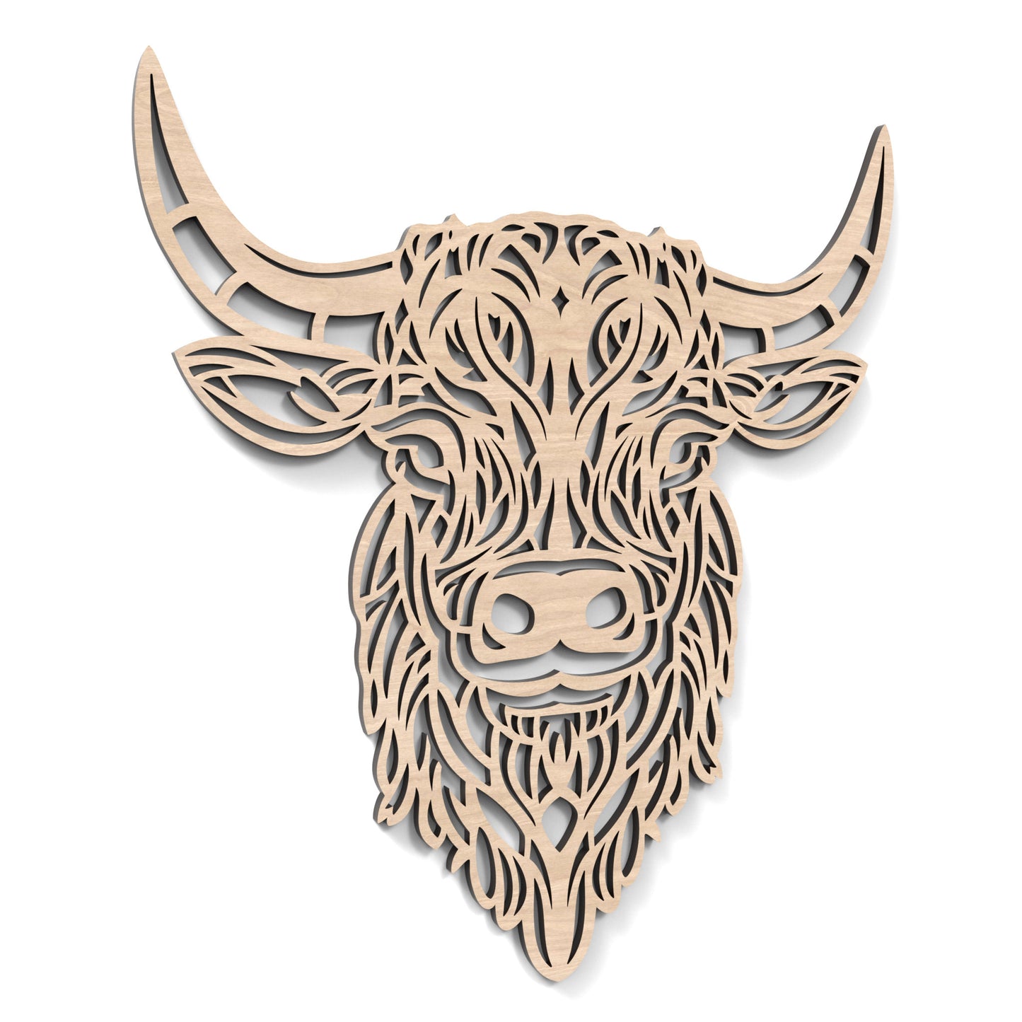 Highland Cow Head Wall Art made from our laser cutting files and available as a digital download.