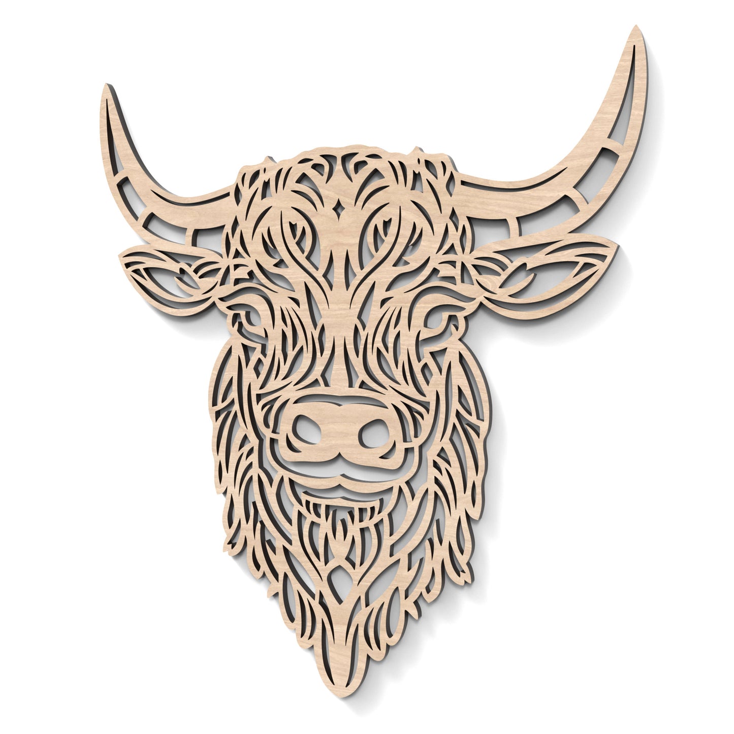 Highland Cow Head Wall Art made from our laser cutting files and available as a digital download.