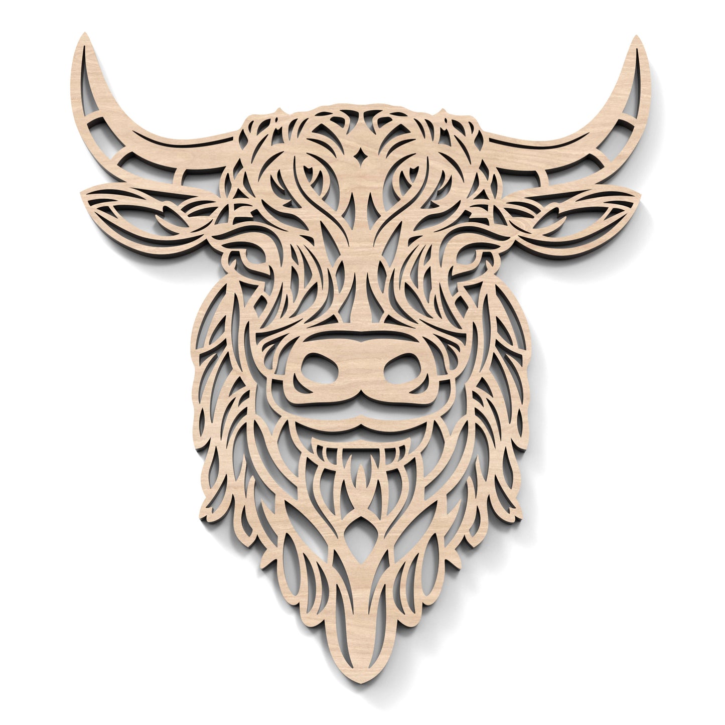 Highland Cow Head Wall Art made from our laser cutting files and available as a digital download.