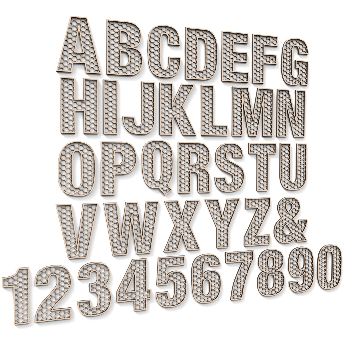 The Full Alphabet A - Z and numbers 0 - 9 of Honeycomb Letters and Numbers made from our laser cutting files and available for digital download. Each letter or number has a honeycomb pattern cut out of its centre and can have a second edge trim layer to give depth.