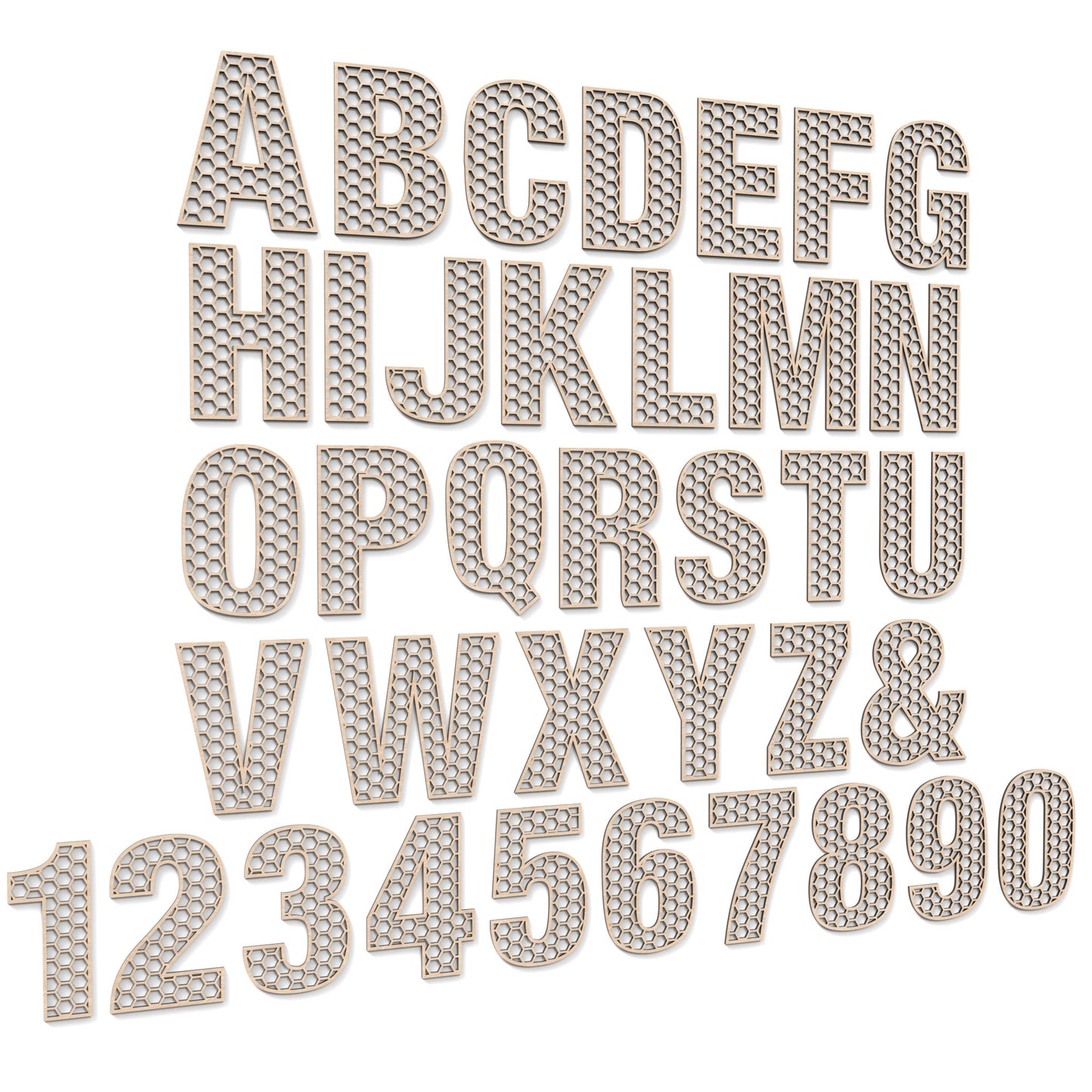 The Full Alphabet A - Z and numbers 0 - 9 of Honeycomb Letters and Numbers made from our laser cutting files and available for digital download. Each letter or number has a honeycomb pattern cut out of its centre and can have a second edge trim layer to give depth.