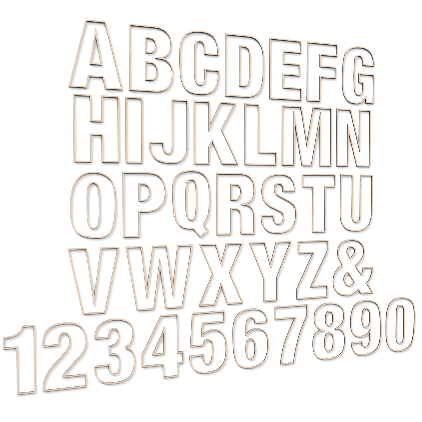 The Full Alphabet A - Z and numbers 0 - 9 of Honeycomb Letters and Numbers made from our laser cutting files and available for digital download. Each letter or number has a honeycomb pattern cut out of its centre and can have a second edge trim layer to give depth.