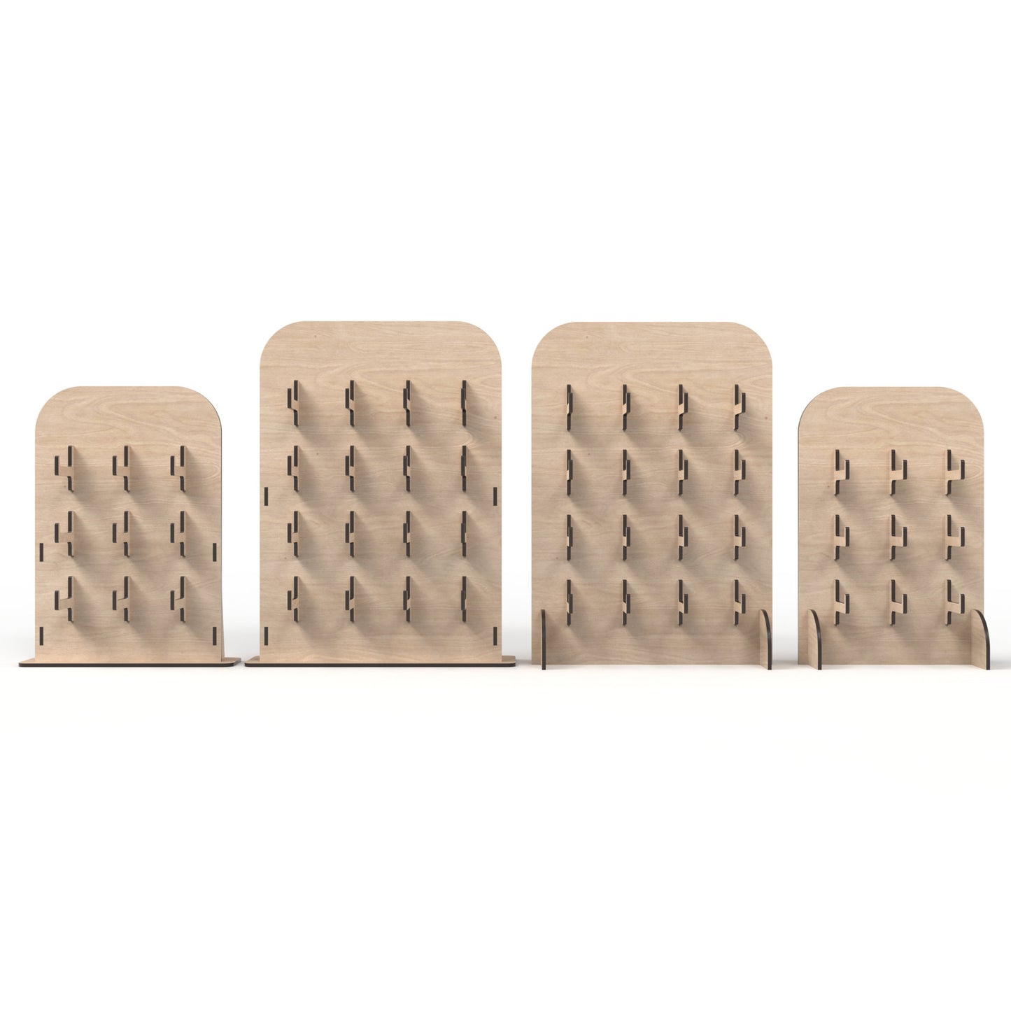 Set of 4 keyring / keychain stands made from our laser cutting files and available for digital download. Includes 2 smaller stands with 9 arm brackets each and 2 larger stands with 16 arm brackets each, perfect for showcasing all your items.