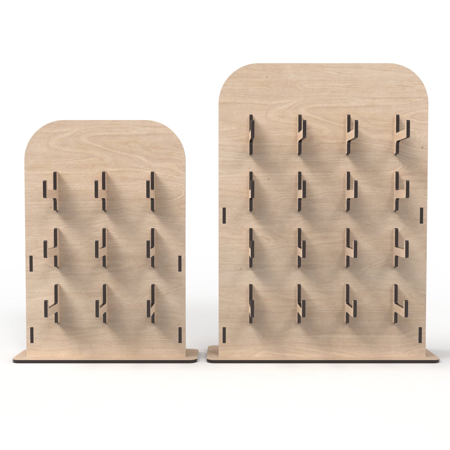 Set of 2 keyring / keychain stands made from our laser cutting files and available for digital download. The smaller stand has 9 arm brackets and the larger stand has 16 arm brackets, perfect for showcasing all your items.