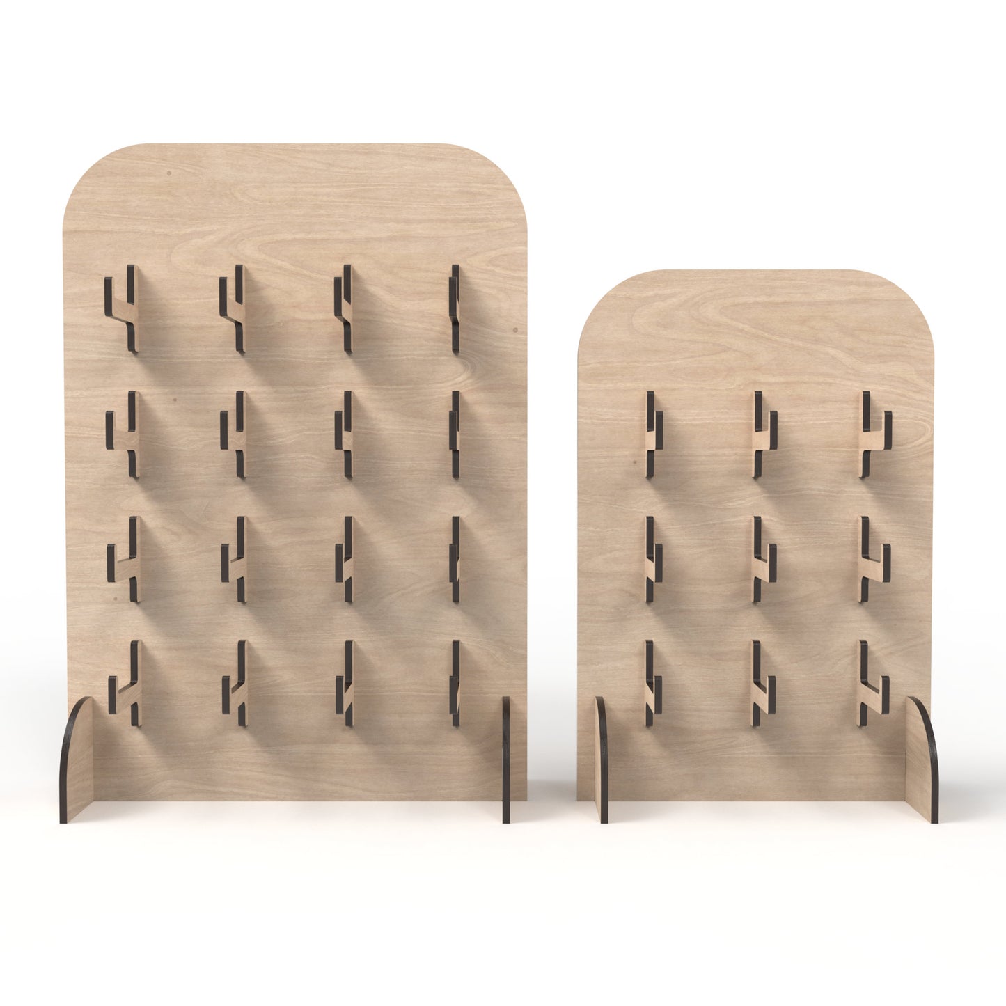 Set of 2 keyring / keychain stands made from our laser cutting files and available for digital download. The smaller stand has 9 arm brackets and the larger stand has 16 arm brackets, perfect for showcasing all your items.