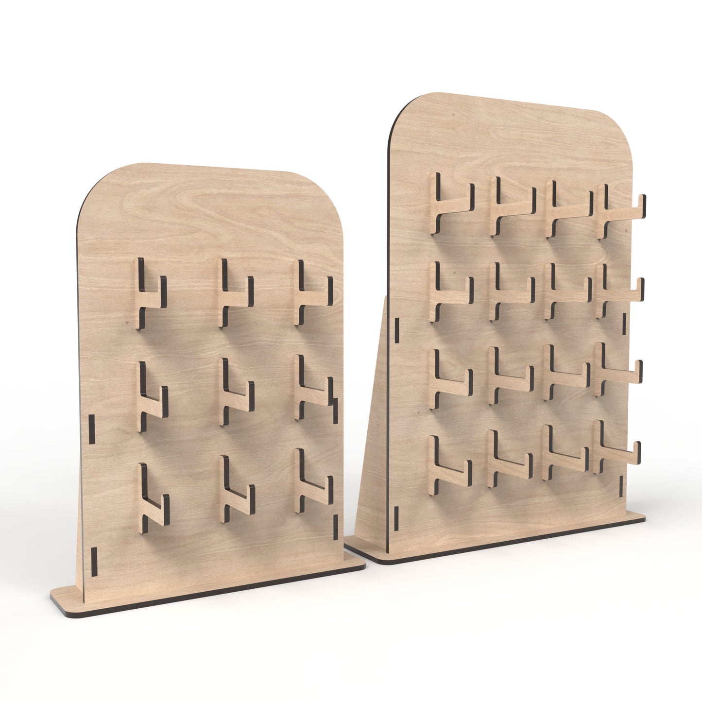 Set of 2 keyring / keychain stands made from our laser cutting files and available for digital download. The smaller stand has 9 arm brackets and the larger stand has 16 arm brackets, perfect for showcasing all your items.