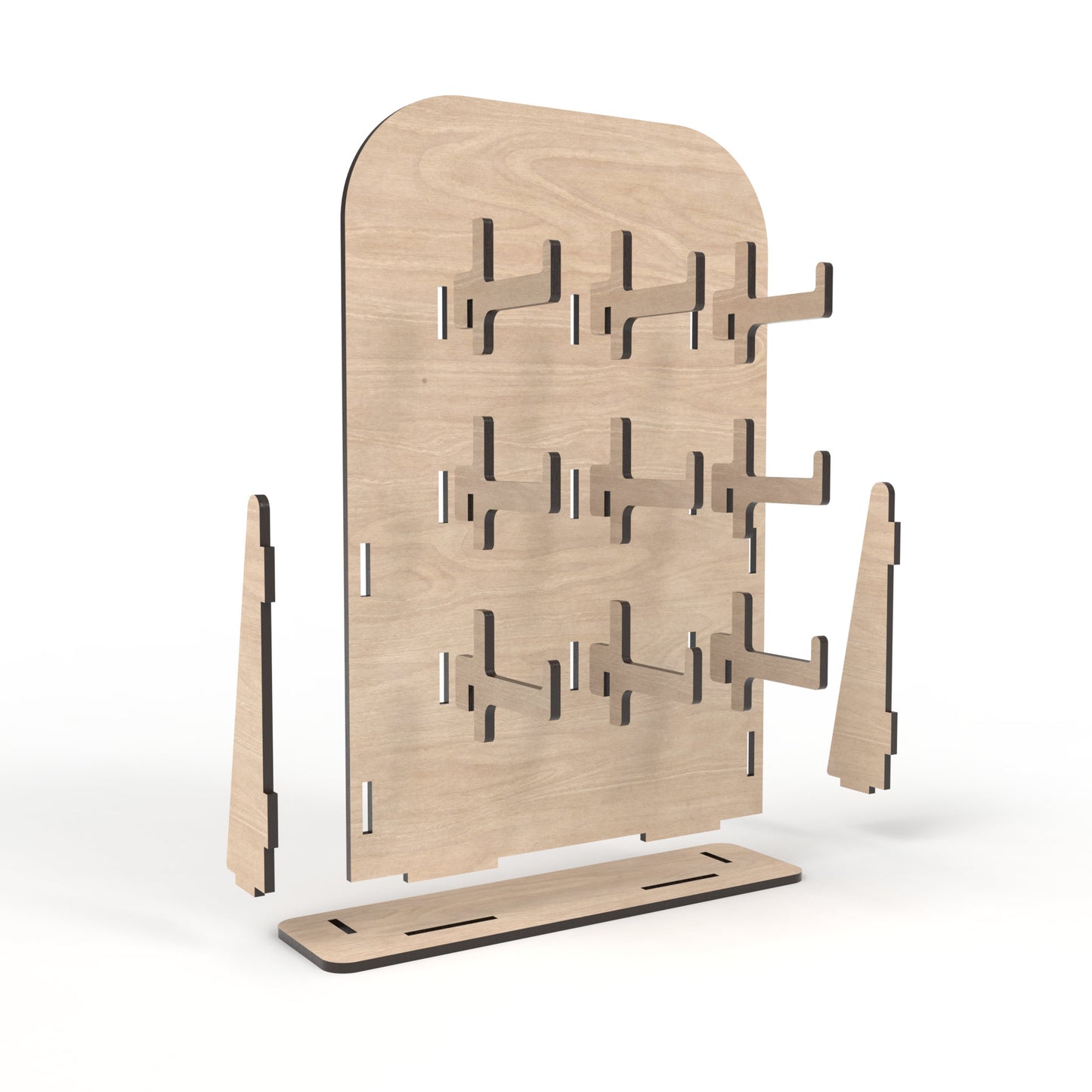 An exploded view of our keyring / keychain stands made from our laser cutting files and available for digital download. Perfect for showcasing all your items.