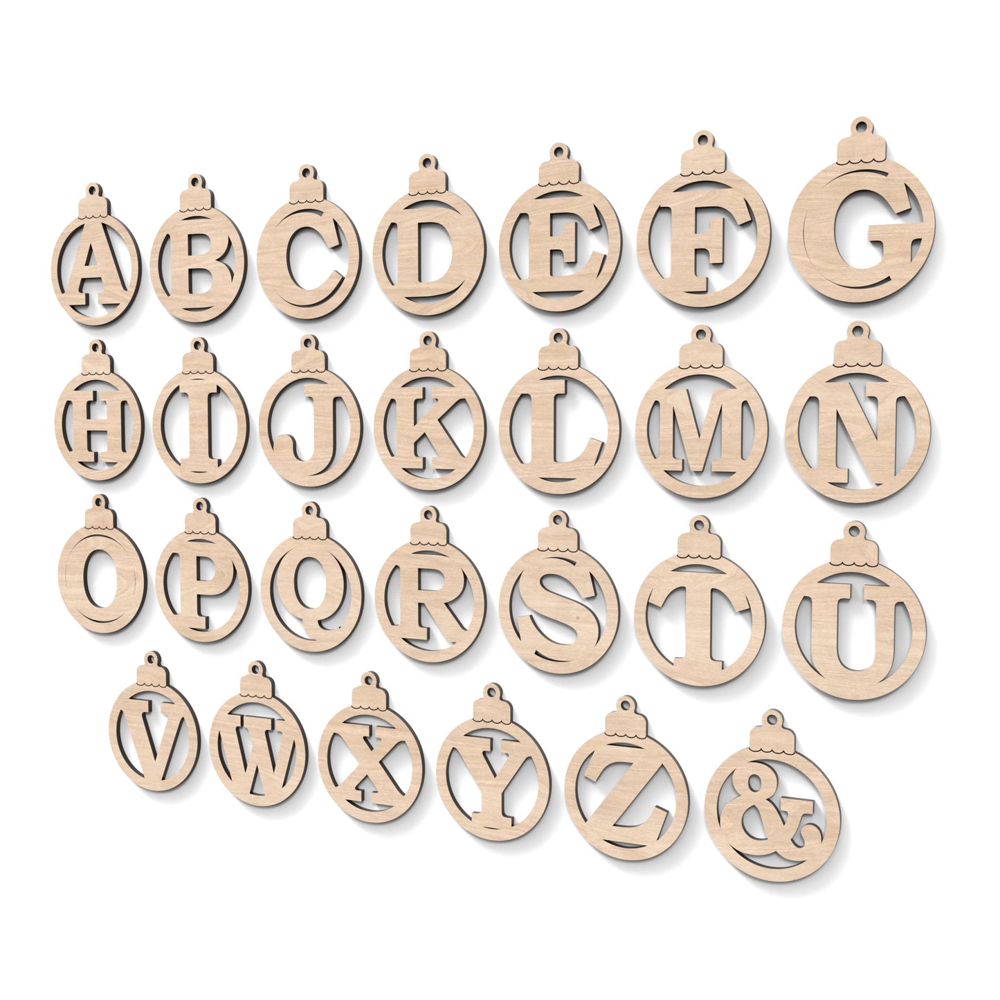 The full alphabet A-Z of Christmas Tree Baubles made from our laser cutting files and available for digital download. Each bauble features a separate letter cut out of its centre.