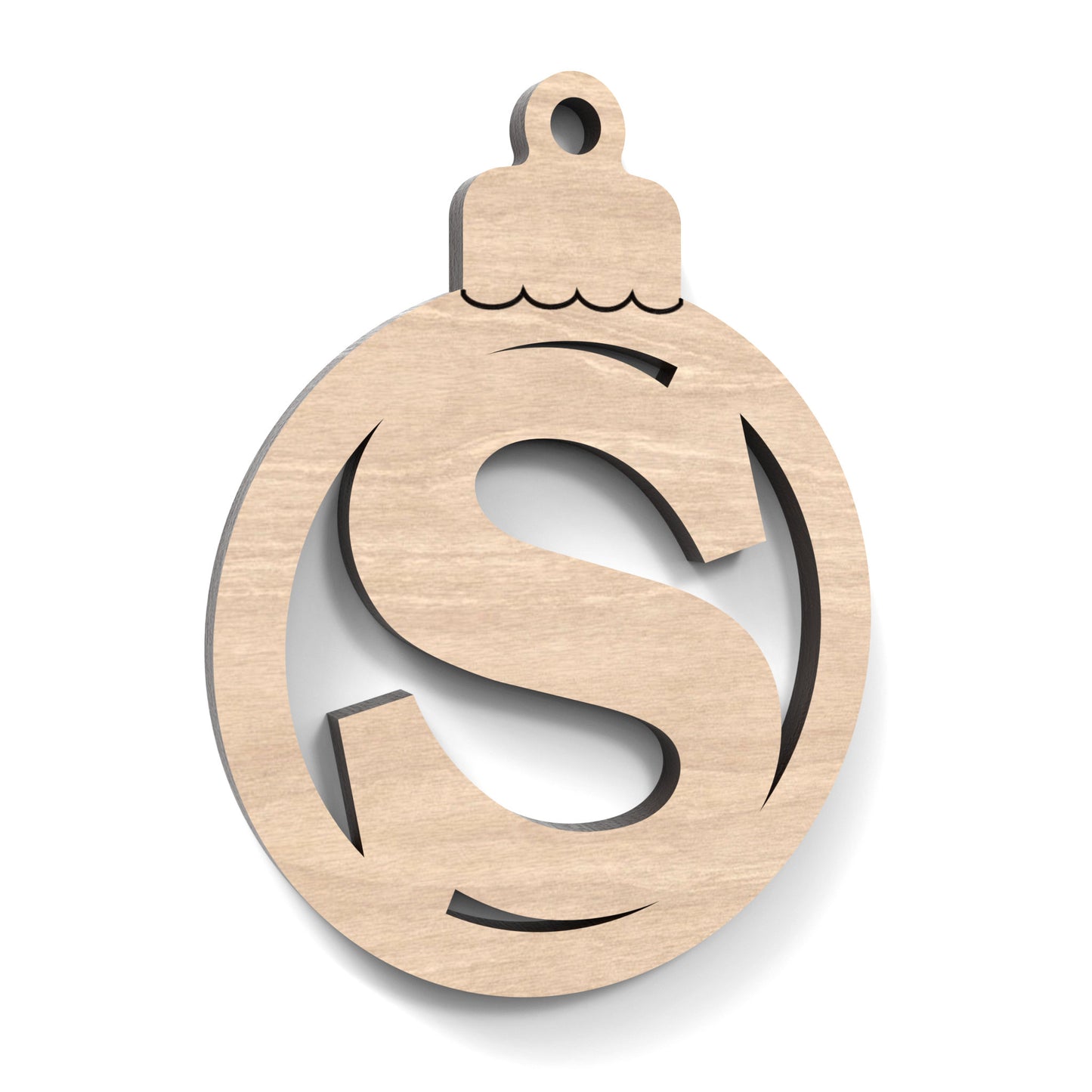 The Letter S Christmas Tree Bauble made from our laser cutting files and available for digital download. Each bauble features a separate letter cut out of its centre.