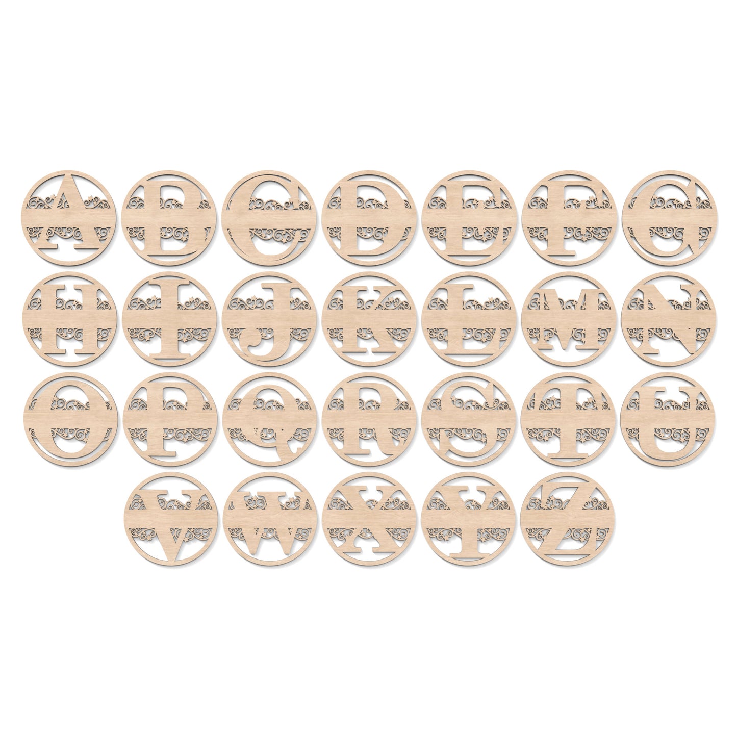 Split Letter Circle Monogram Hoops made from our laser cutting files and available for digital download. Each hoop features a letter split in the middle for personalization, all connected to a round hoop.