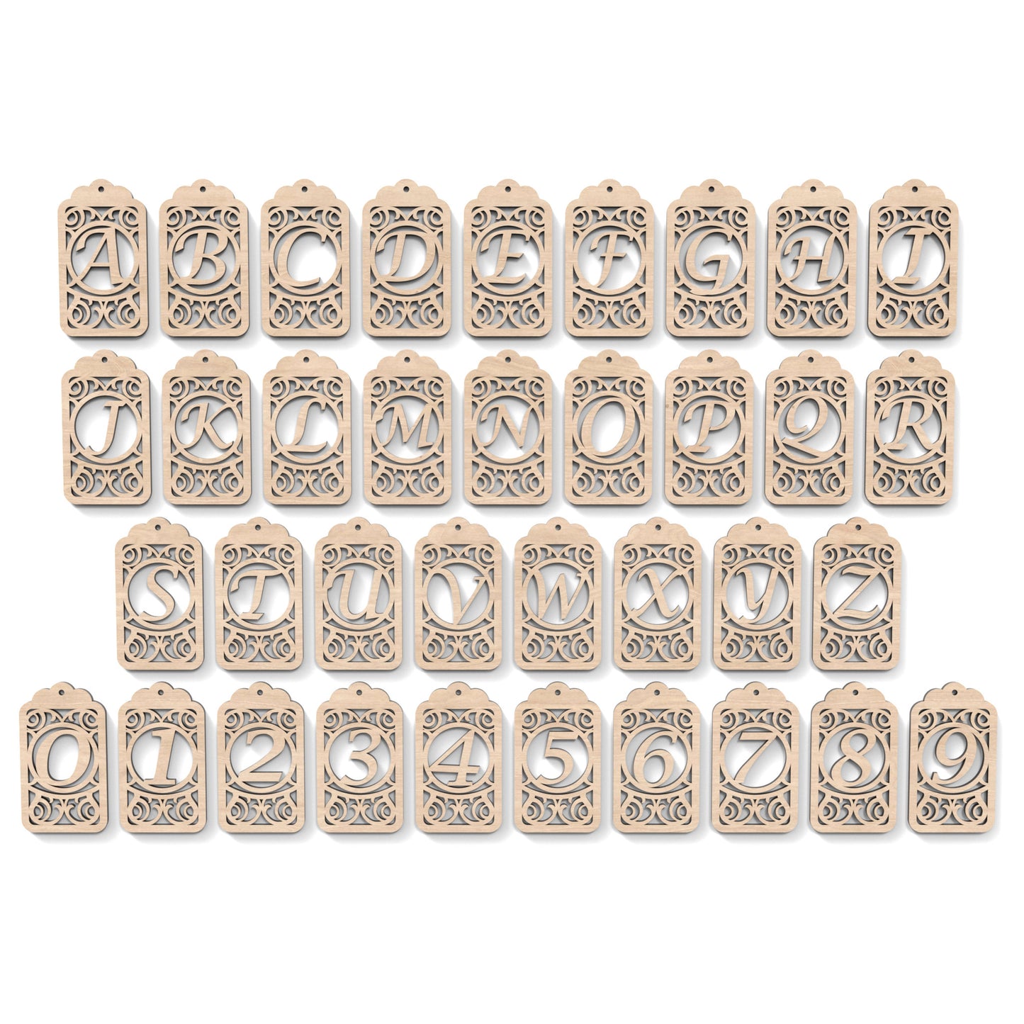 The full alphabet A-Z of Monogram Gift Tags made from our laser cutting files and available as a digital download. Each gift tag features a separate letter or number cut out of its centre.
