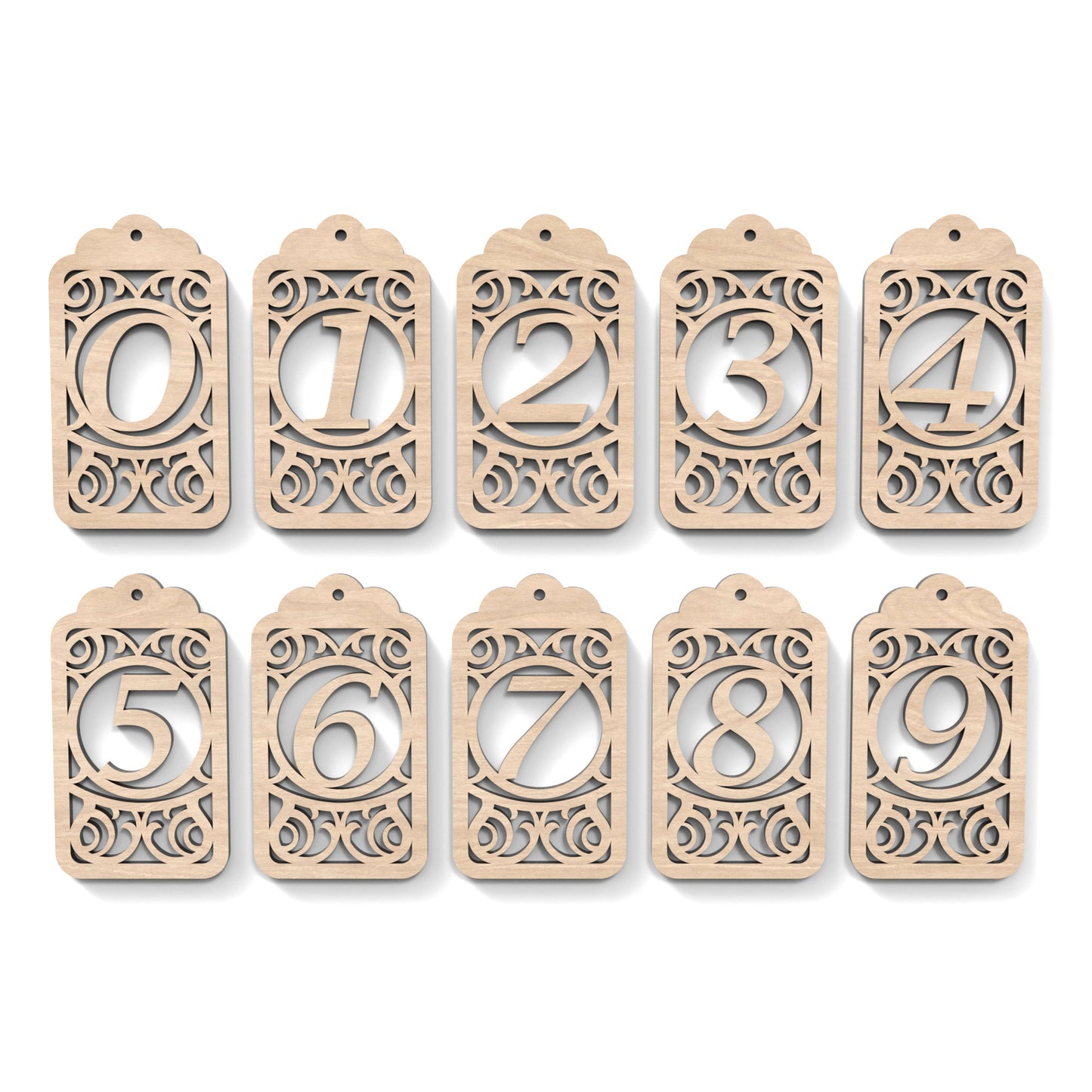Numbers 0 - 9 of Monogram Gift Tags made from our laser cutting files and available as a digital download. Each gift tag features a separate number cut out of its centre.