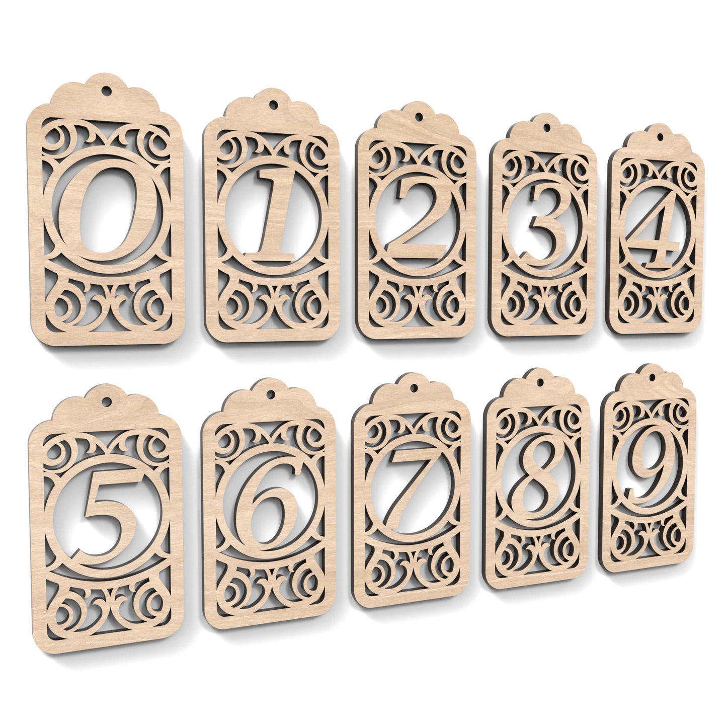 Numbers 0 - 9 of Monogram Gift Tags made from our laser cutting files and available as a digital download. Each gift tag features a separate number cut out of its centre.