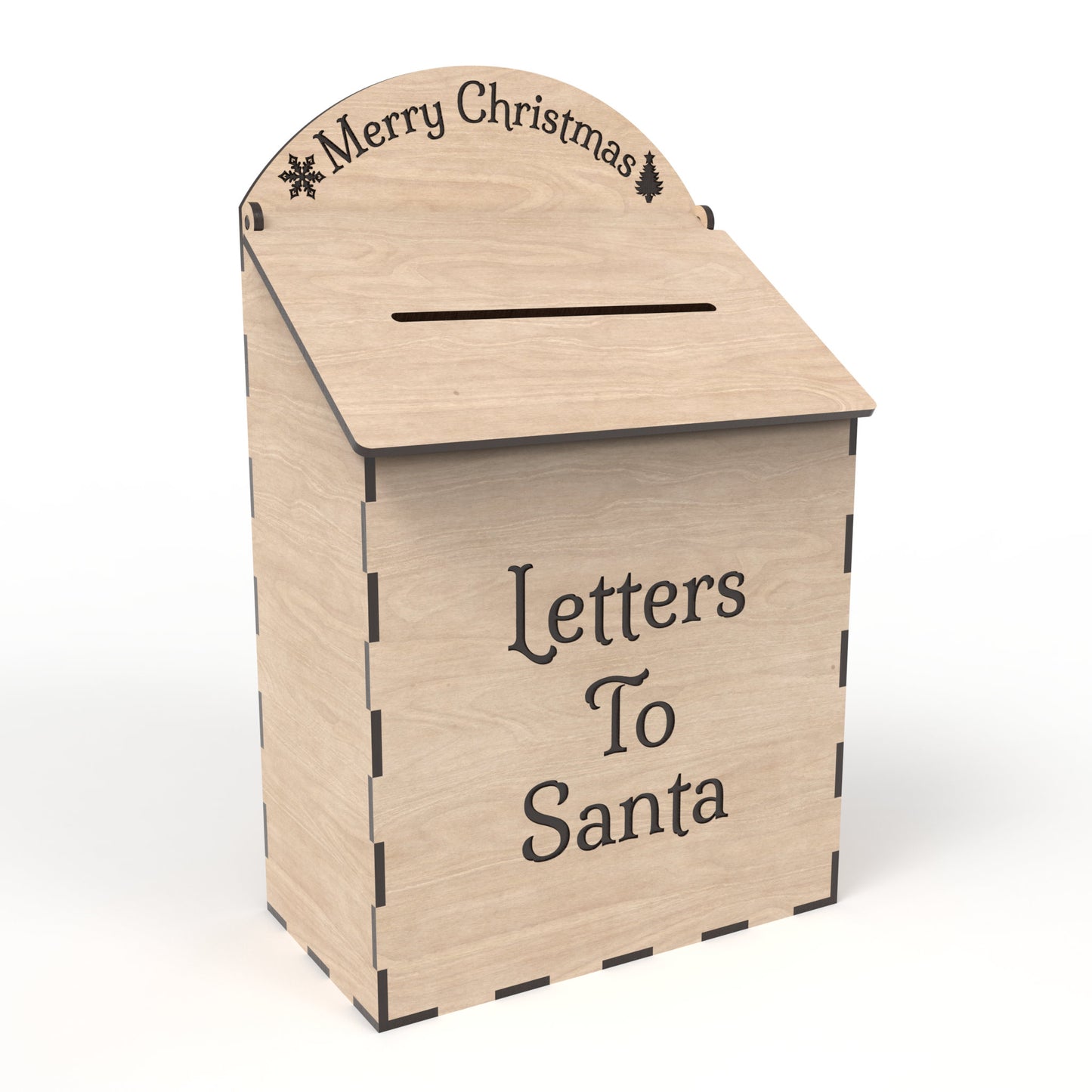 Post box with hinged top made from our laser cutting files and available for digital download. Ideal for a Letters to Santa mailbox, birthday cards, and wedding card boxes.