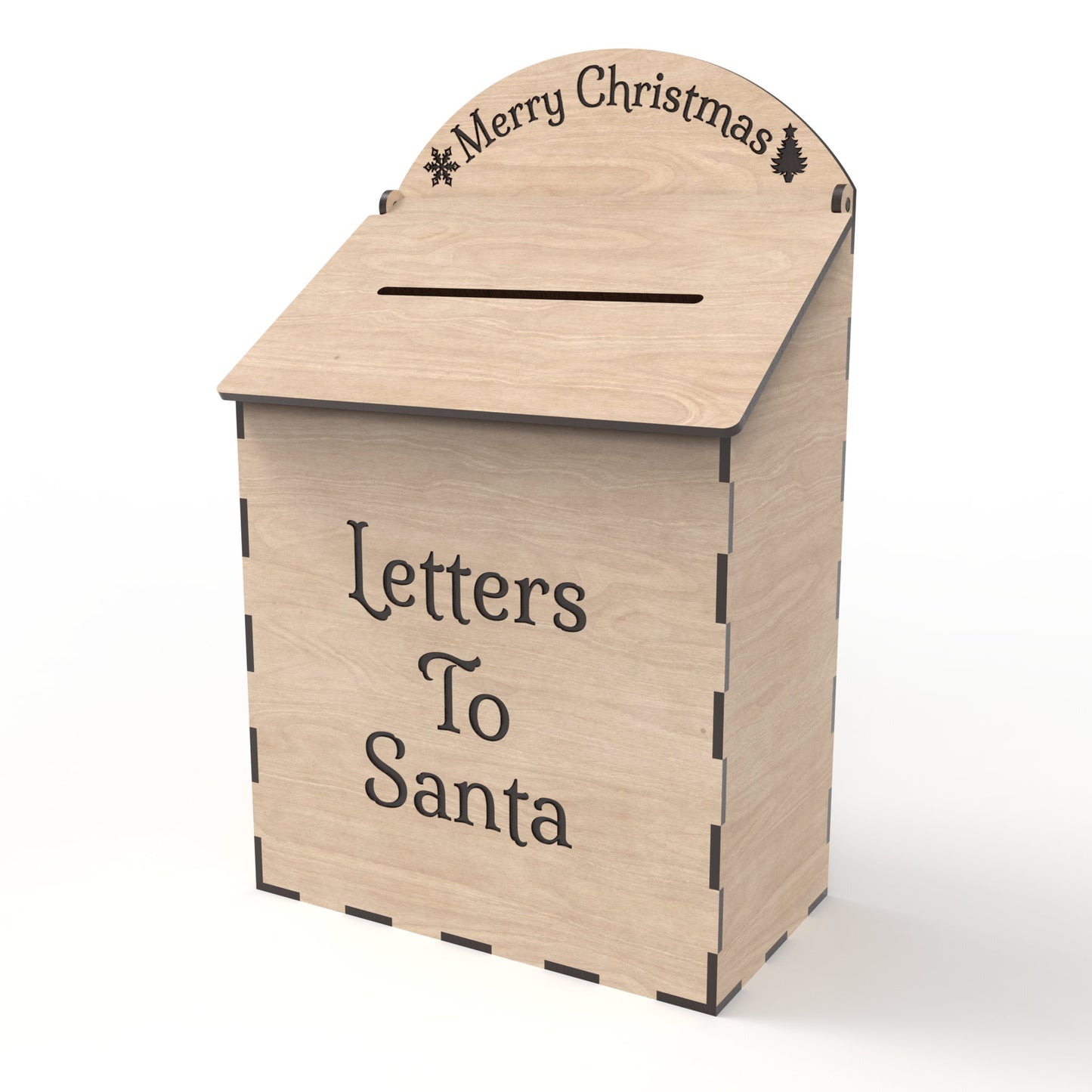 Post box with hinged top made from our laser cutting files and available for digital download. Ideal for a Letters to Santa mailbox, birthday cards, and wedding card boxes.