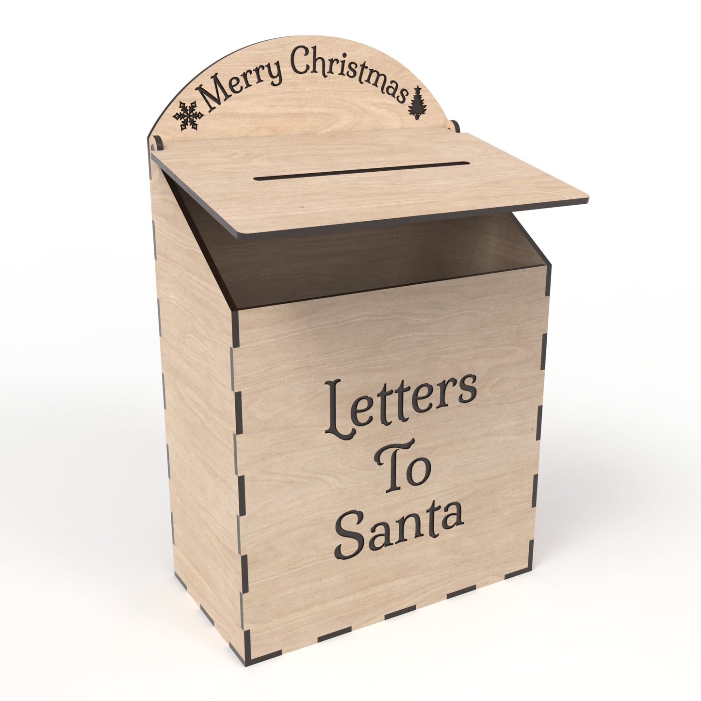 Post box with hinged top made from our laser cutting files and available for digital download. Ideal for a Letters to Santa mailbox, birthday cards, and wedding card boxes.