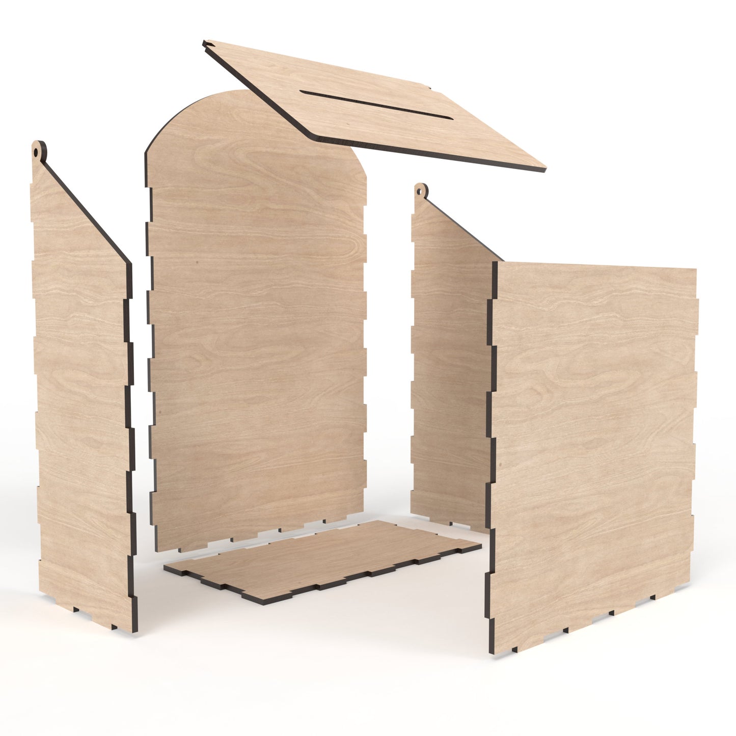 An exploded view of our Post box with hinged top made from our laser cutting files and available for digital download. Ideal for a Letters to Santa mailbox, birthday cards, and wedding card boxes.