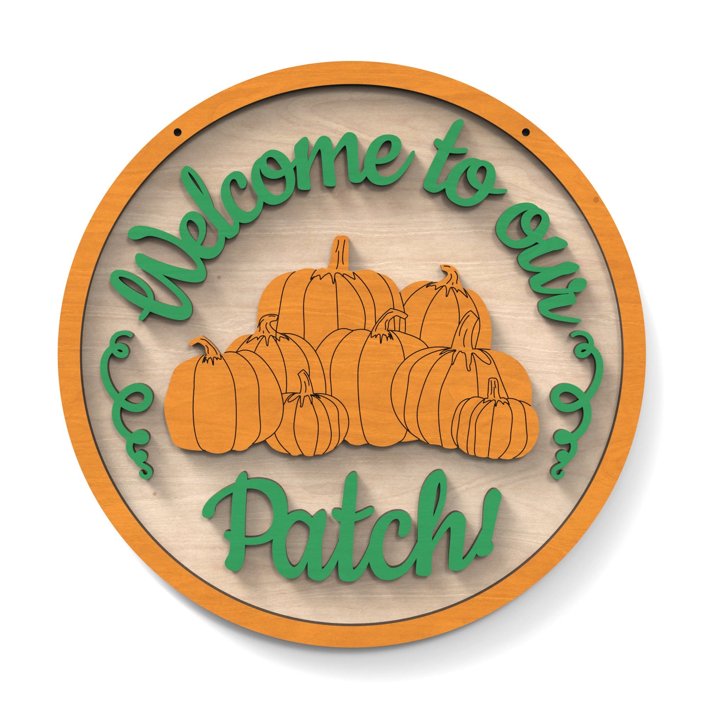 Welcome To Our Pumpkin Patch Halloween sign made from our laser cutting files and available for digital download. Ideal for fall festivals, markets, or home decoration during the Halloween season.