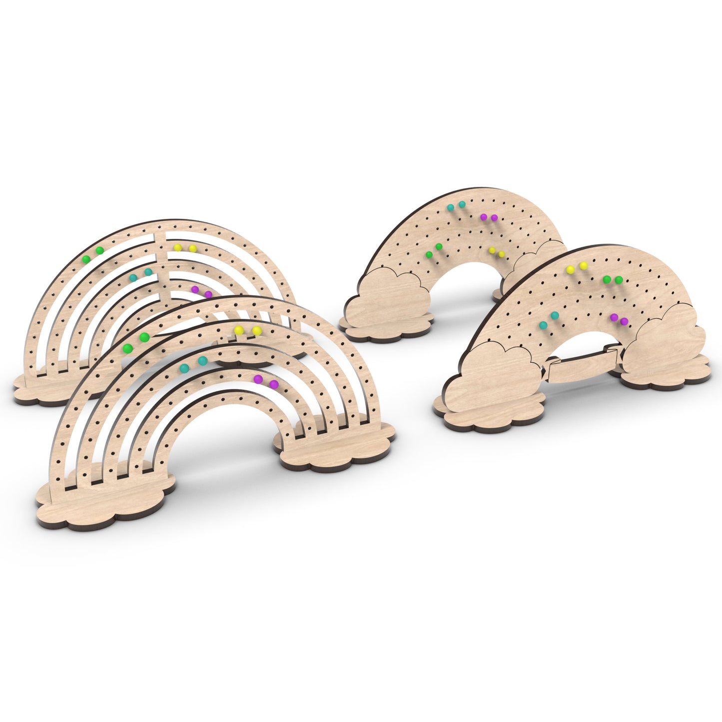 Set of four rainbow earring stands in 4 different styles, made from our laser cutting files and available as a digital download.