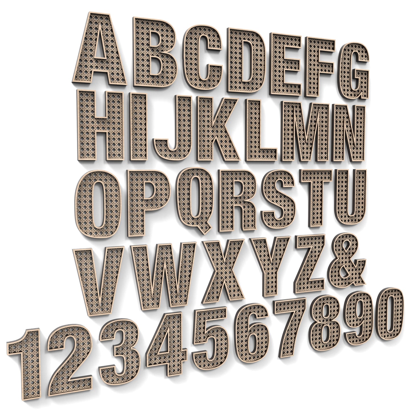 The full alphabet A-Z and numbers 0-9 of Rattan Letters and Numbers made from our laser cutting files and available as a digital download. Each letter or number features a rattan pattern cut out of its centre and includes an optional second edge trim layer for added depth.
