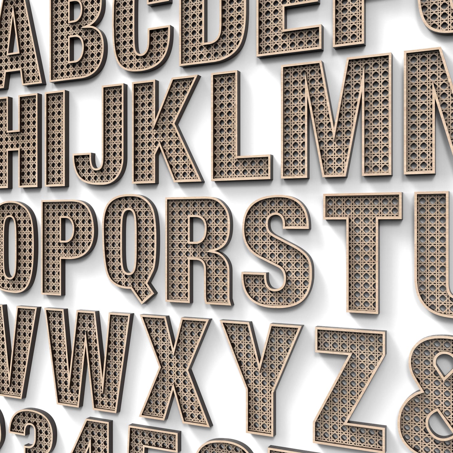 The full alphabet A-Z and numbers 0-9 of Rattan Letters and Numbers made from our laser cutting files and available as a digital download. Each letter or number features a rattan pattern cut out of its centre and includes an optional second edge trim layer for added depth.