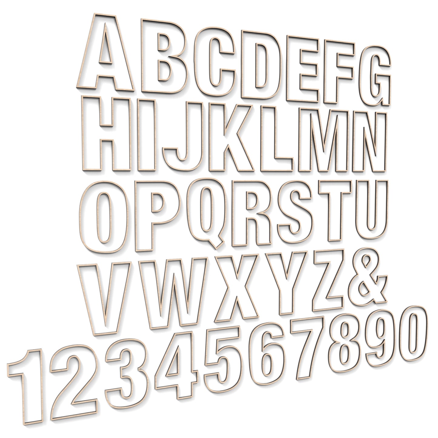 The full alphabet A-Z and numbers 0-9 of Rattan Letters and Numbers made from our laser cutting files and available as a digital download. Each letter or number features a rattan pattern cut out of its centre and includes an optional second edge trim layer for added depth.