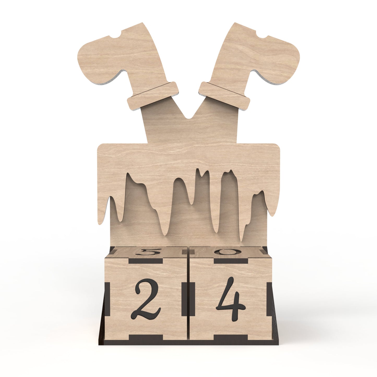 Santa in Chimney Days Till Christmas Countdown Calendar made from our laser cutting files and available for digital download. Features a house chimney with Santa's legs popping out and two number cubes at the bottom to rotate daily, showing how many days are left until Christmas.