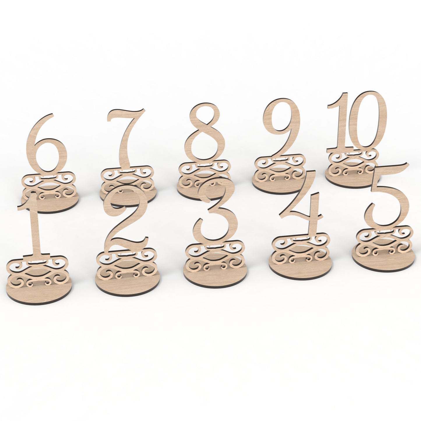 Numbers 1 - 10 of our set of 20 wedding table numbers made from our laser cutting files and available for digital download. These freestanding table number signs are perfect for weddings, birthdays, Christmas, and corporate gatherings, offering versatility for any occasion.