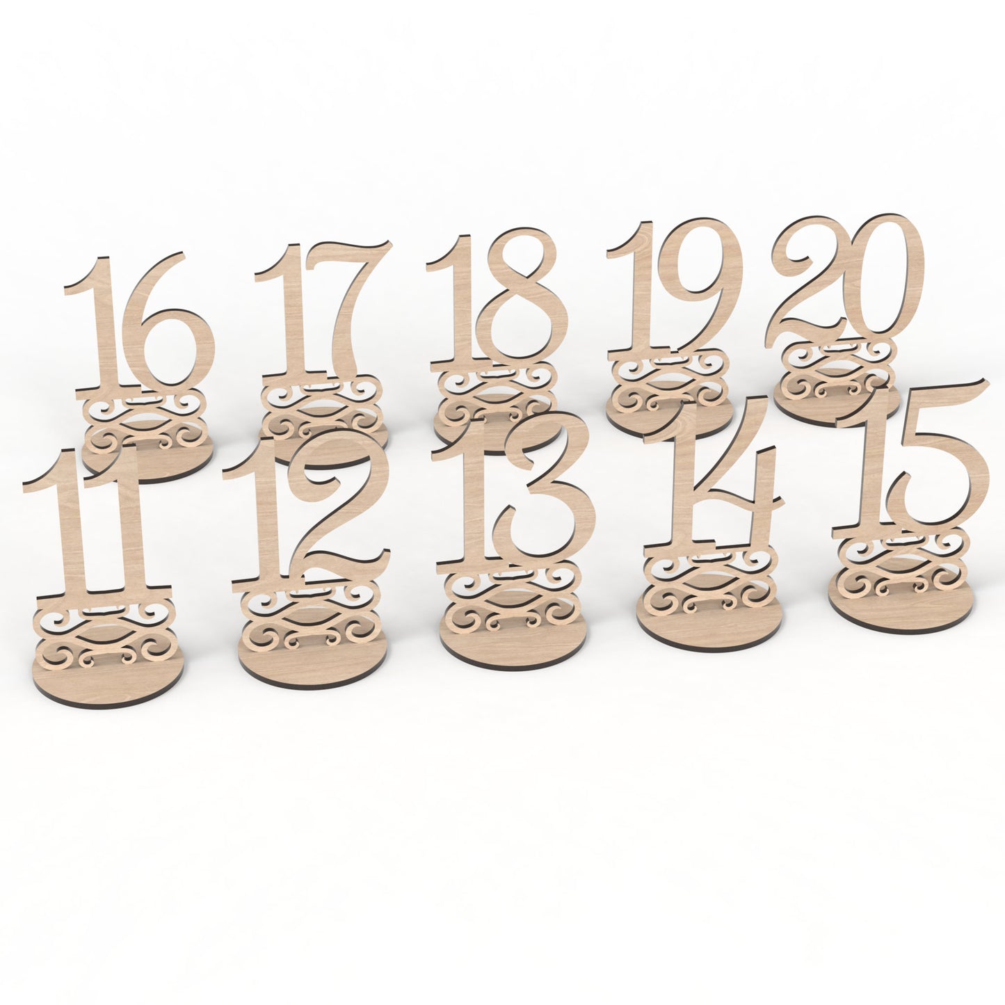 Numbers 11 - 20 of our set of 20 wedding table numbers made from our laser cutting files and available for digital download. These freestanding table number signs are perfect for weddings, birthdays, Christmas, and corporate gatherings, offering versatility for any occasion.