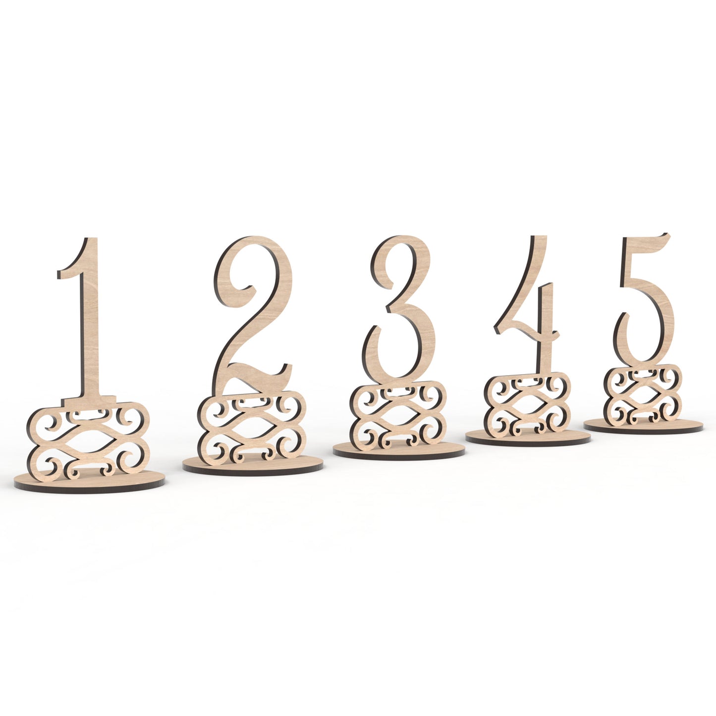 Numbers 1 - 5 of our set of 20 wedding table numbers made from our laser cutting files and available for digital download. These freestanding table number signs are perfect for weddings, birthdays, Christmas, and corporate gatherings, offering versatility for any occasion.