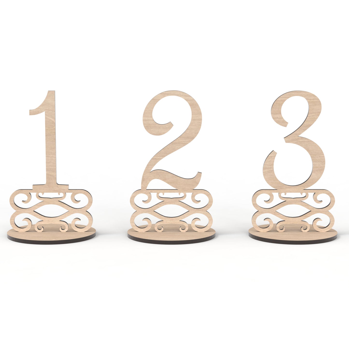 Numbers 1 - 3 of our set of 20 wedding table numbers made from our laser cutting files and available for digital download. These freestanding table number signs are perfect for weddings, birthdays, Christmas, and corporate gatherings, offering versatility for any occasion.