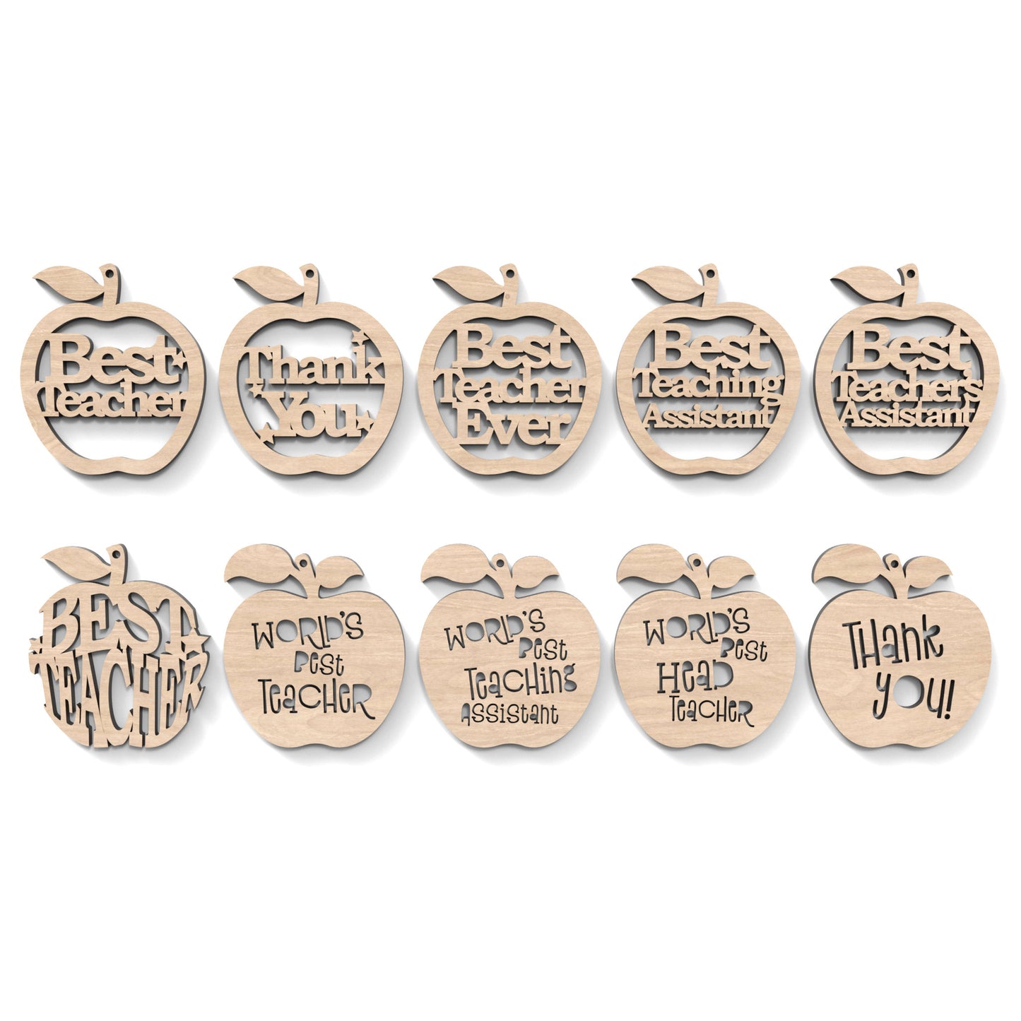 Set of 10 Teacher Appreciation Apples made from our laser cutting files and available as a digital download. Each apple has wording cut out of its centre.