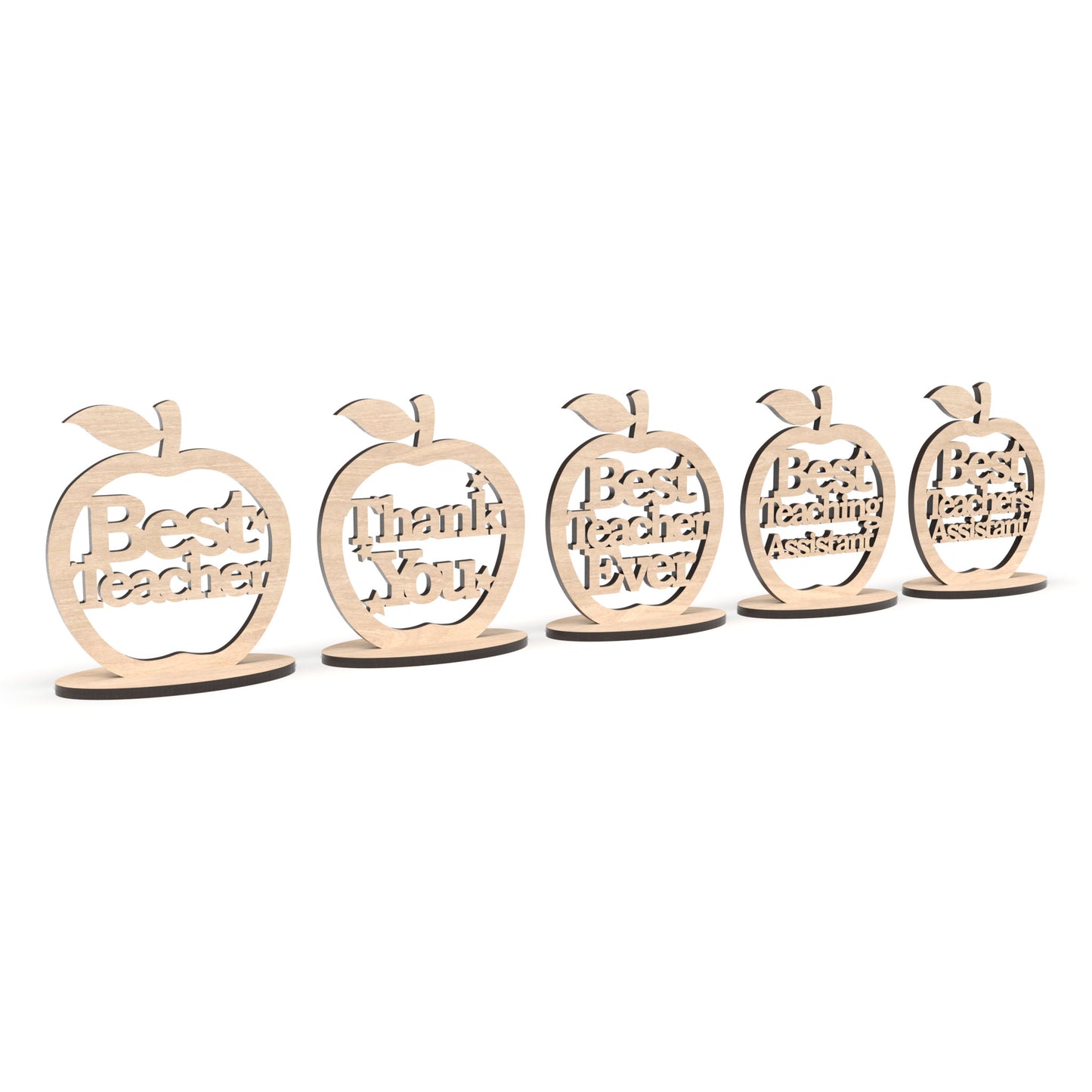 Set of 5 Teacher Appreciation Apples made from our laser cutting files and available as a digital download. Each apple has wording cut out of its centre.