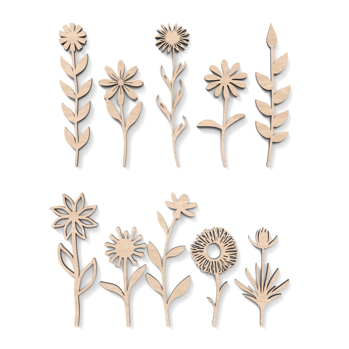 Set of 10 wildflowers made from our laser cutting files, available as a digital download. Each flower ranges from 15cm to 20cm high.