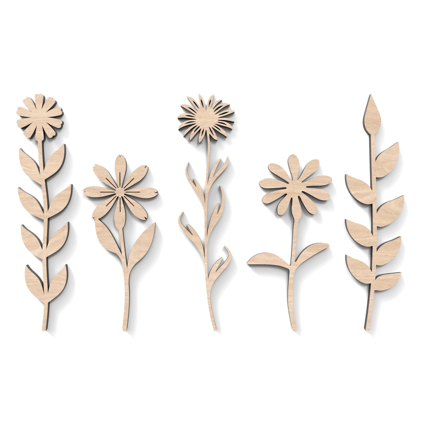 5 wildflowers made from our laser cutting files, available as a digital download. Each flower ranges from 15cm to 20cm high.