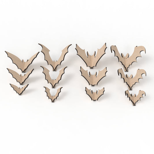 Set of 12 slot together 3D Halloween bats made from our laser cutting files and available for digital download. Features 4 captivating designs in 3 sizes: 10cm, 15cm, and 20cm wide.