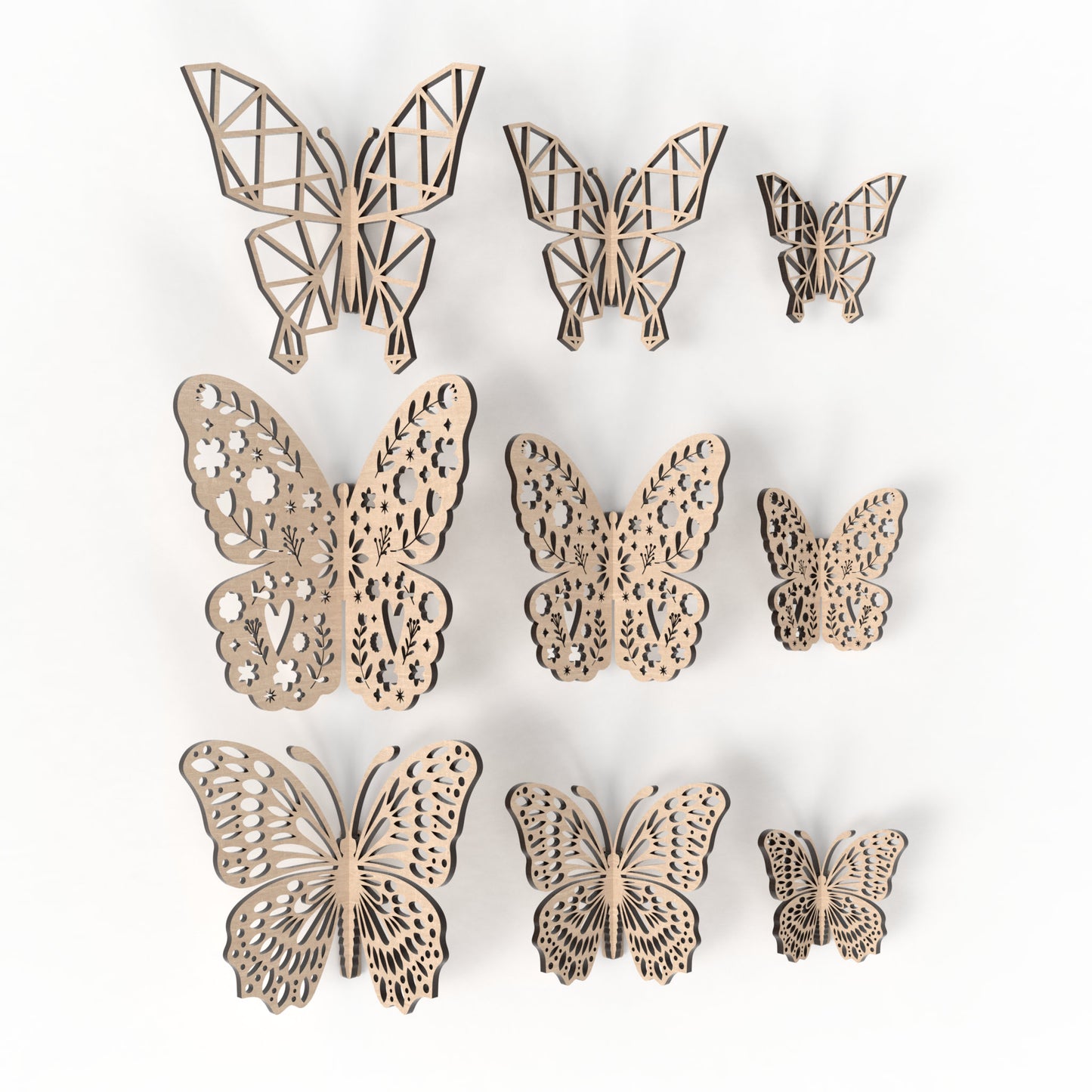 Set of 9 slot together 3D butterflies made from our laser cutting files and available for digital download. Features 3 design variations: geometric, floral, and natural, in 3 sizes: 10cm, 15cm, and 20cm wide.