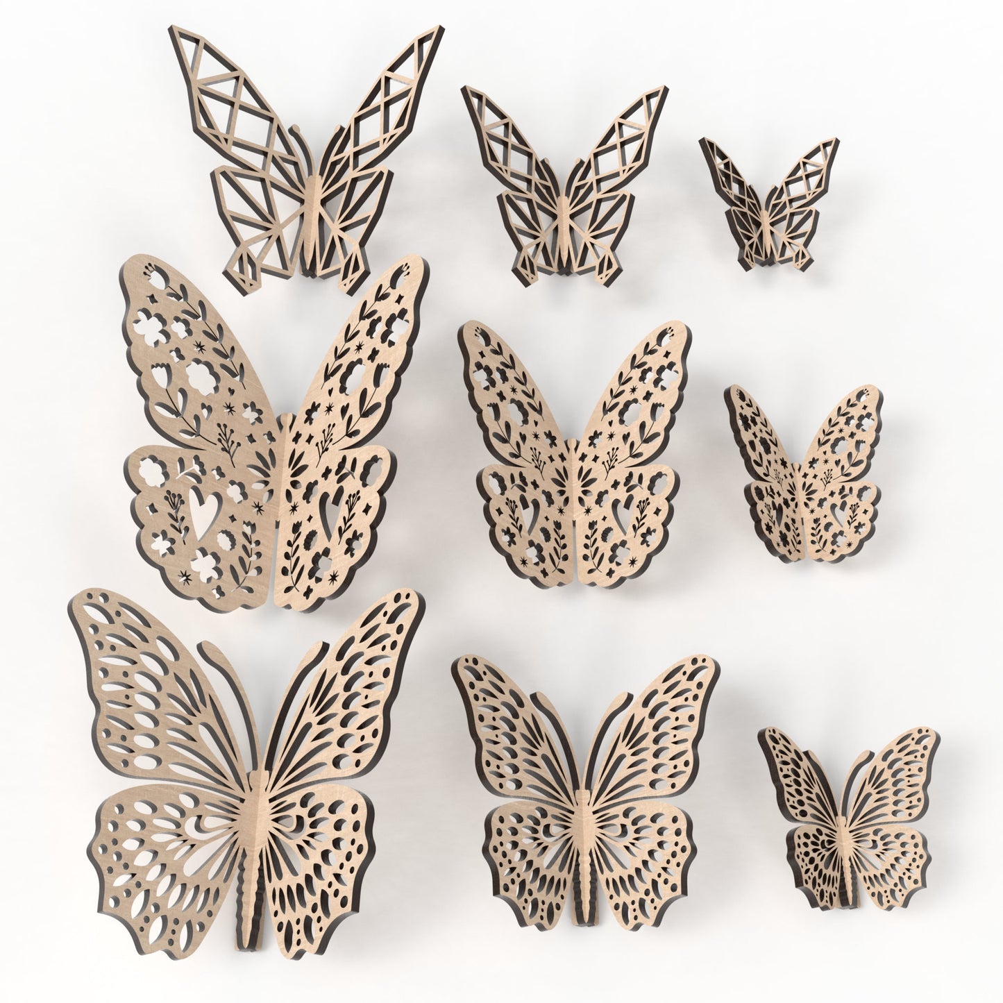 Set of 9 slot together 3D butterflies made from our laser cutting files and available for digital download. Features 3 design variations: geometric, floral, and natural, in 3 sizes: 10cm, 15cm, and 20cm wide.