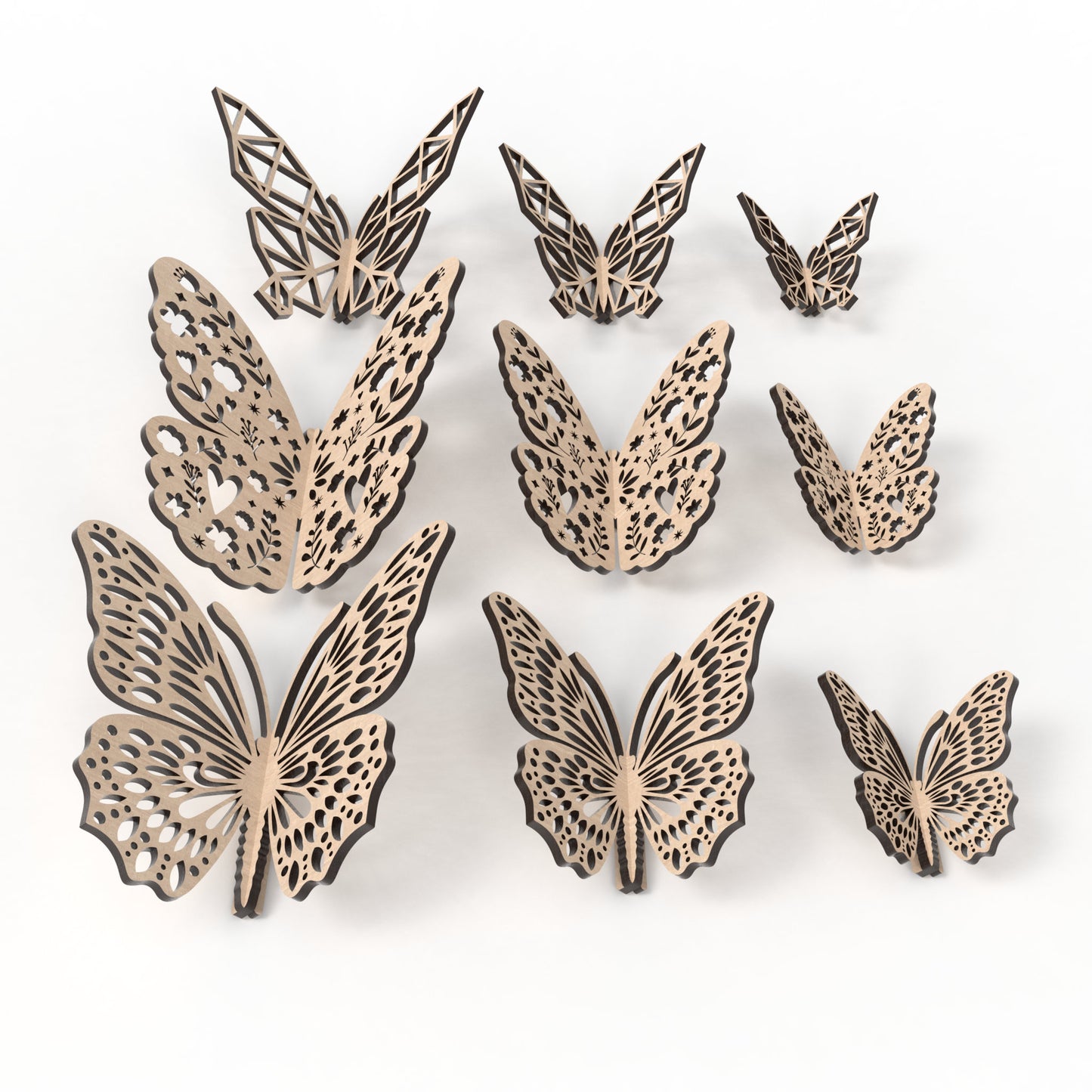 Set of 9 slot together 3D butterflies made from our laser cutting files and available for digital download. Features 3 design variations: geometric, floral, and natural, in 3 sizes: 10cm, 15cm, and 20cm wide.