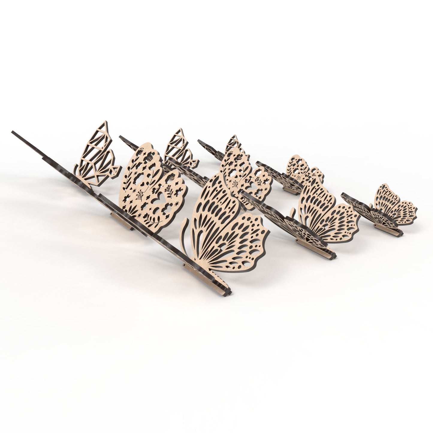 Set of 9 slot together 3D butterflies made from our laser cutting files and available for digital download. Features 3 design variations: geometric, floral, and natural, in 3 sizes: 10cm, 15cm, and 20cm wide.