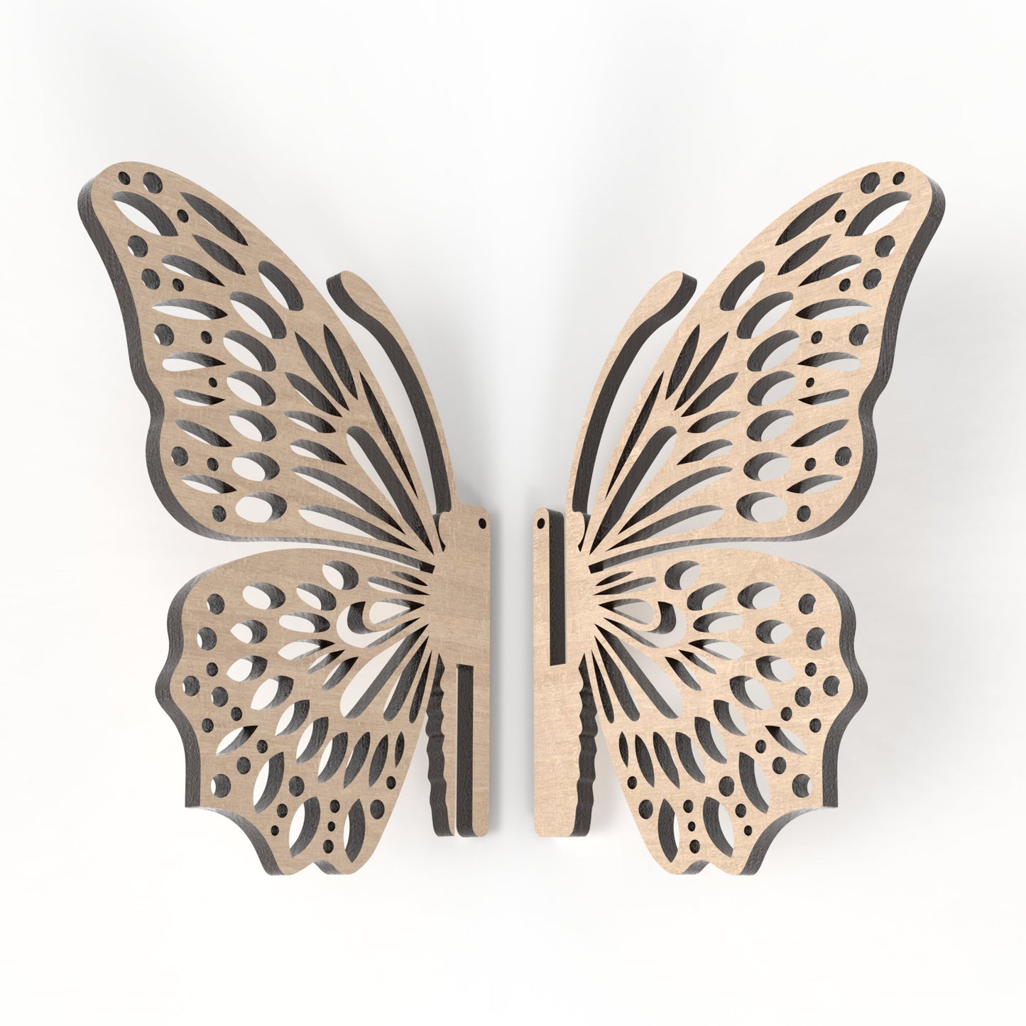 An exploded view of our slot together 3D butterfly made from our laser cutting files and available for digital download. Available in 3 sizes: 10cm, 15cm, and 20cm wide.