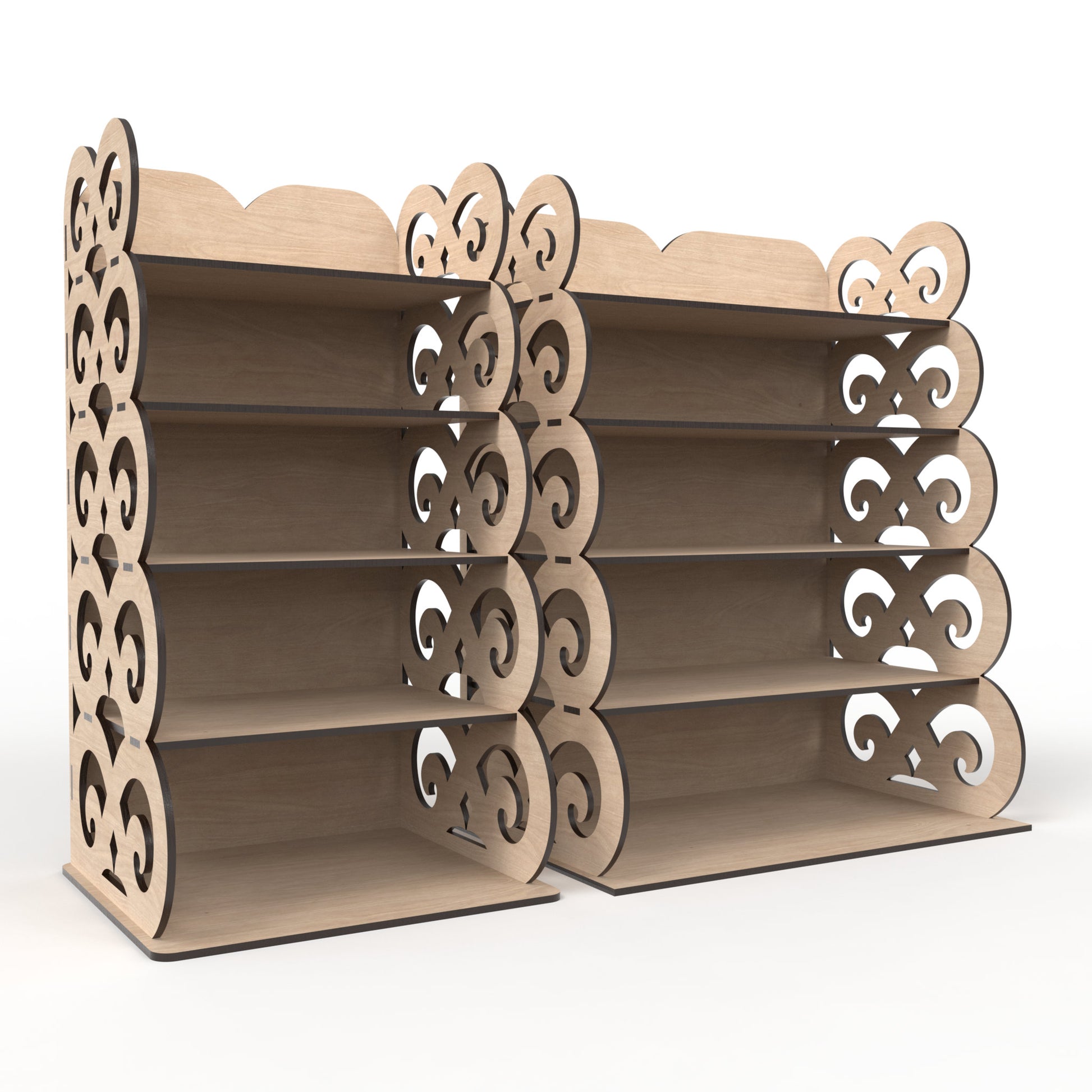 Set of 2, 5-tier display shelving units made from our laser cutting files and available for digital download. Ideal for home use, retail environments, trade shows and craft fairs.
