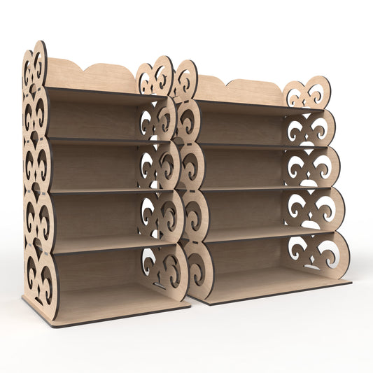 Set of 2, 5-tier display shelving units made from our laser cutting files and available for digital download. Ideal for home use, retail environments, trade shows and craft fairs.