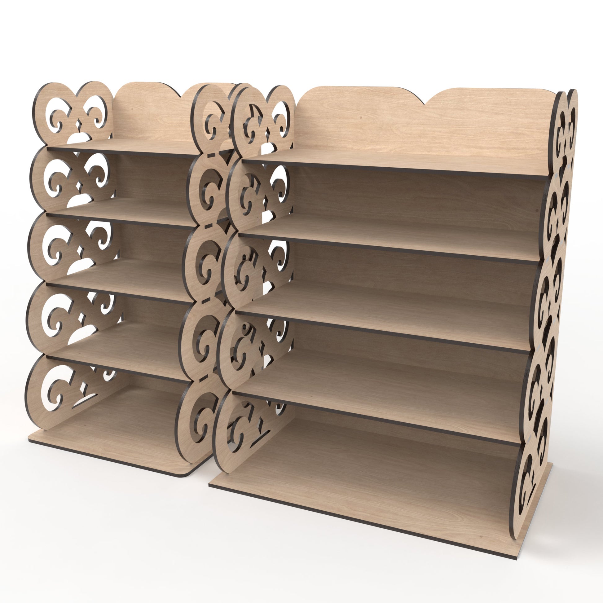 Set of 2, 5-tier display shelving units made from our laser cutting files and available for digital download. Ideal for home use, retail environments, trade shows and craft fairs.